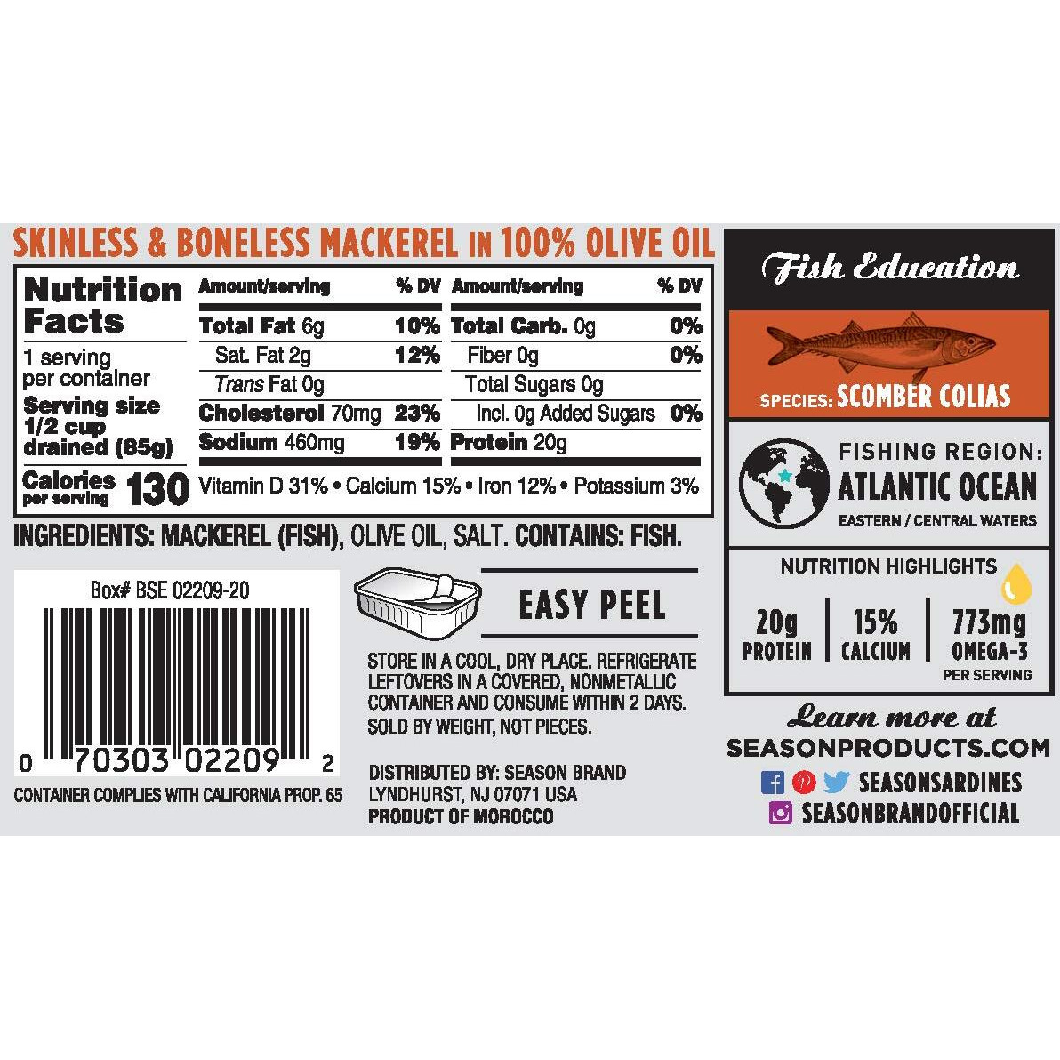 Season Mackerel In Olive Oil - Skinless & Boneless, Wild Caught, Keto Snacks, Canned Mackerel Fillets, Full Of Vitamins, Low In Mercury, Kosher, Non-Gmo, 20G Of Protein - 4.37 Oz, 12-Pack