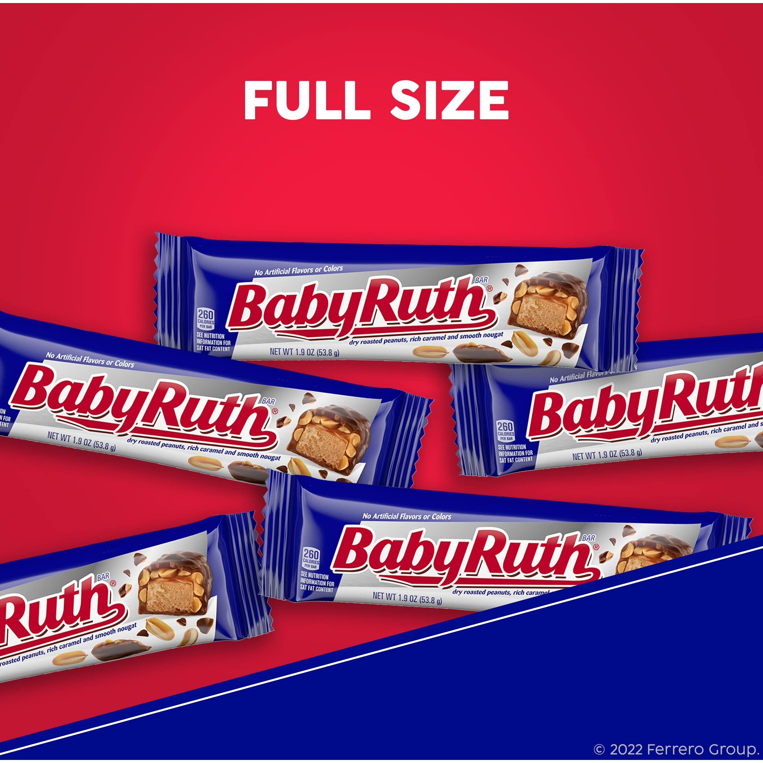 Baby Ruth, Chocolatey, Peanut, Caramel, Nougat, Full Size Individually Wrapped Candy Bars, 1.9 Oz Each, Bulk 24 Pack