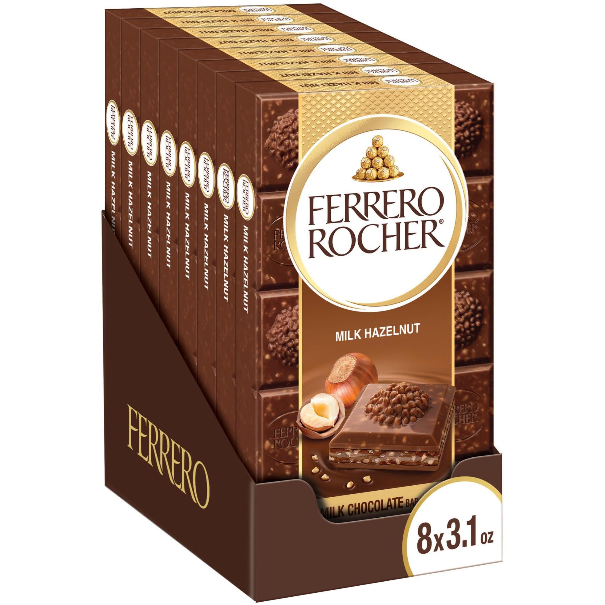 Ferrero Rocher Premium Chocolate Bars, 8 Pack, Chocolate Hazelnut 3.1 Oz Each