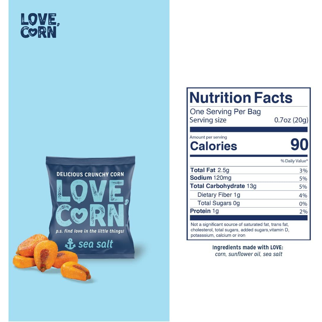 Love Corn Sea Salt 0.7Oz X 20 Bags - Delicious Crunchy Corn - Healthy Family Snacks - Gluten Free, Kosher, Non-Gmo - Alternative For Chips, Nuts, Crackers & Pretzels - Perfect For Charcuterie Boards