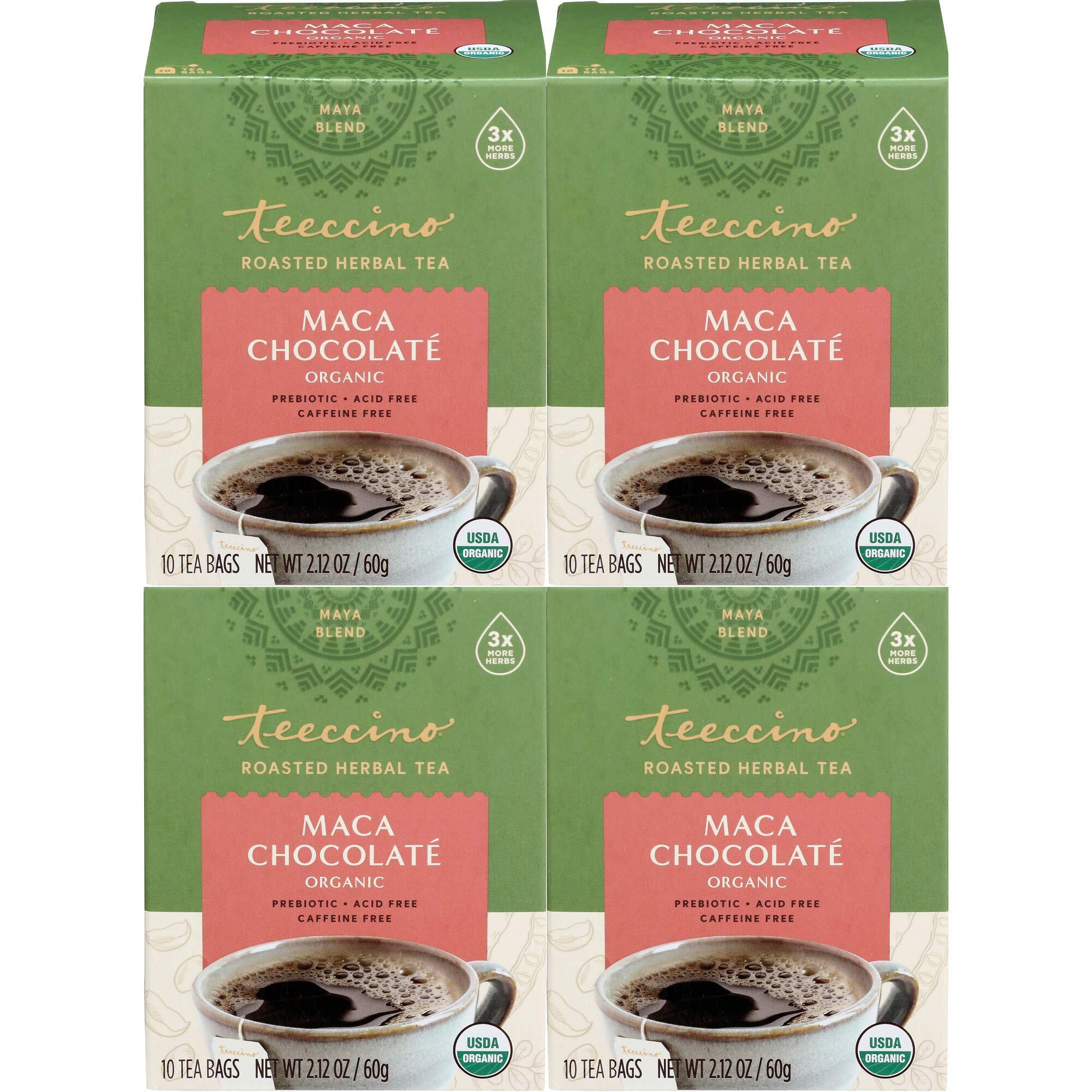 Teeccino Herbal Tea - Maca Chocolat   - Adaptogenic Peruvian Maca, Cacao, Chicory, Prebiotic, Caffeine Free, Acid Free, Coffee Alternative (10 Count (Pack Of 4))