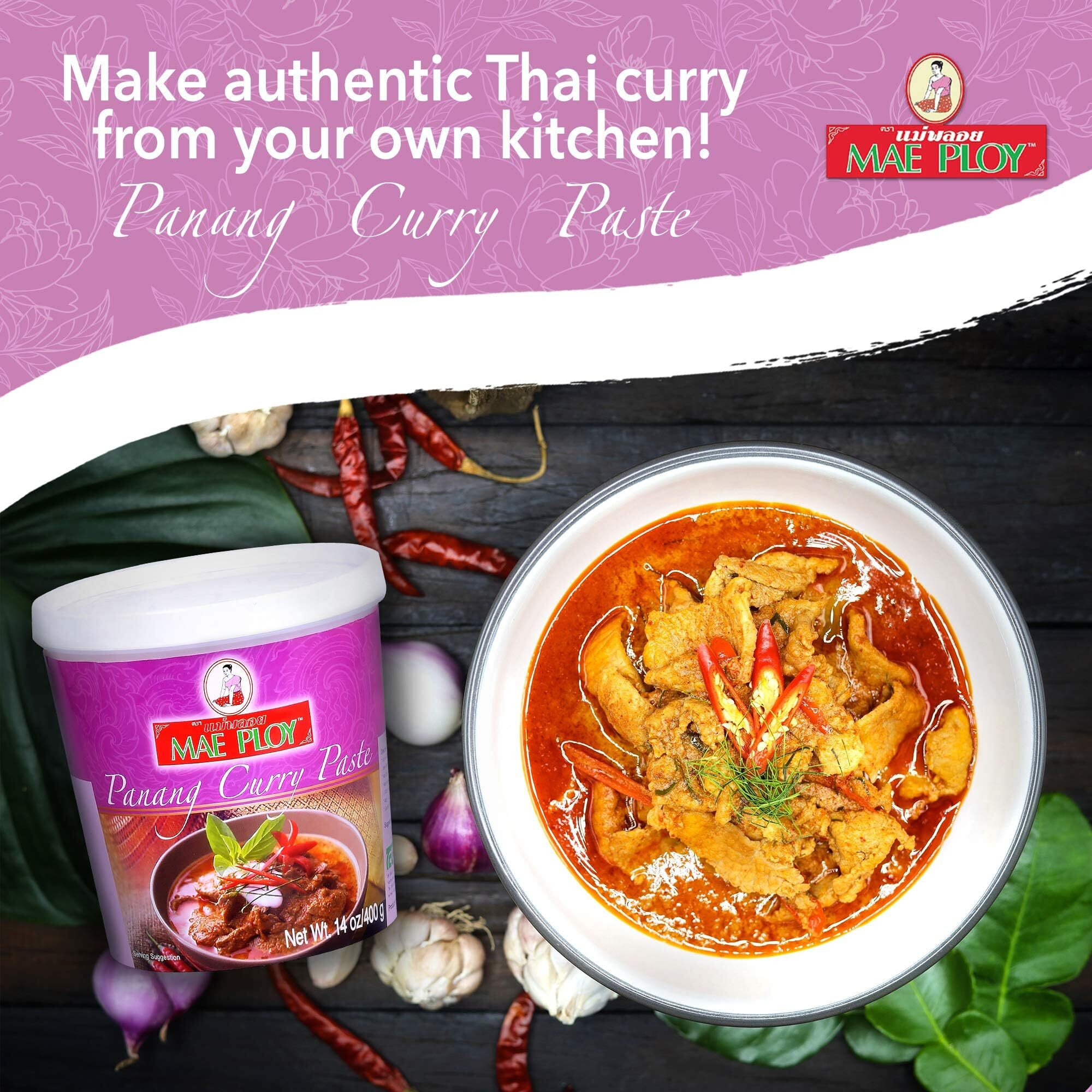 Mae Ploy Panang Curry Paste, Authentic Thai Panang Curry Paste For Thai Curries & Other Dishes, Aromatic Blend Of Herbs, Spices & Shrimp Paste, No Msg (14 Oz Tub)