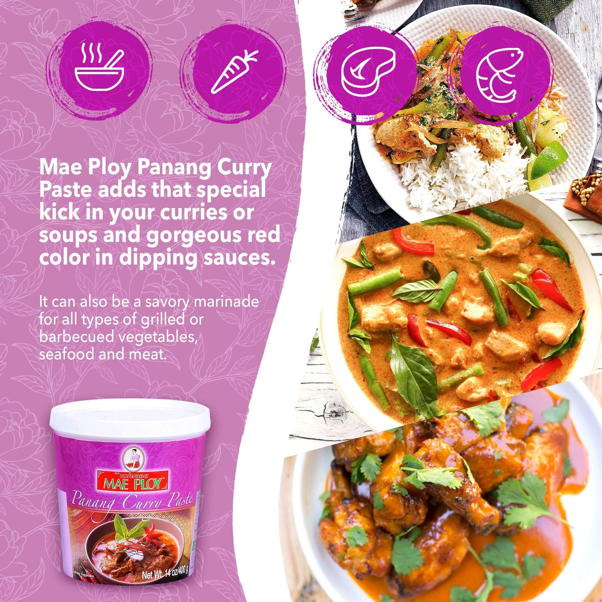 Mae Ploy Panang Curry Paste, Authentic Thai Panang Curry Paste For Thai Curries & Other Dishes, Aromatic Blend Of Herbs, Spices & Shrimp Paste, No Msg (14 Oz Tub)