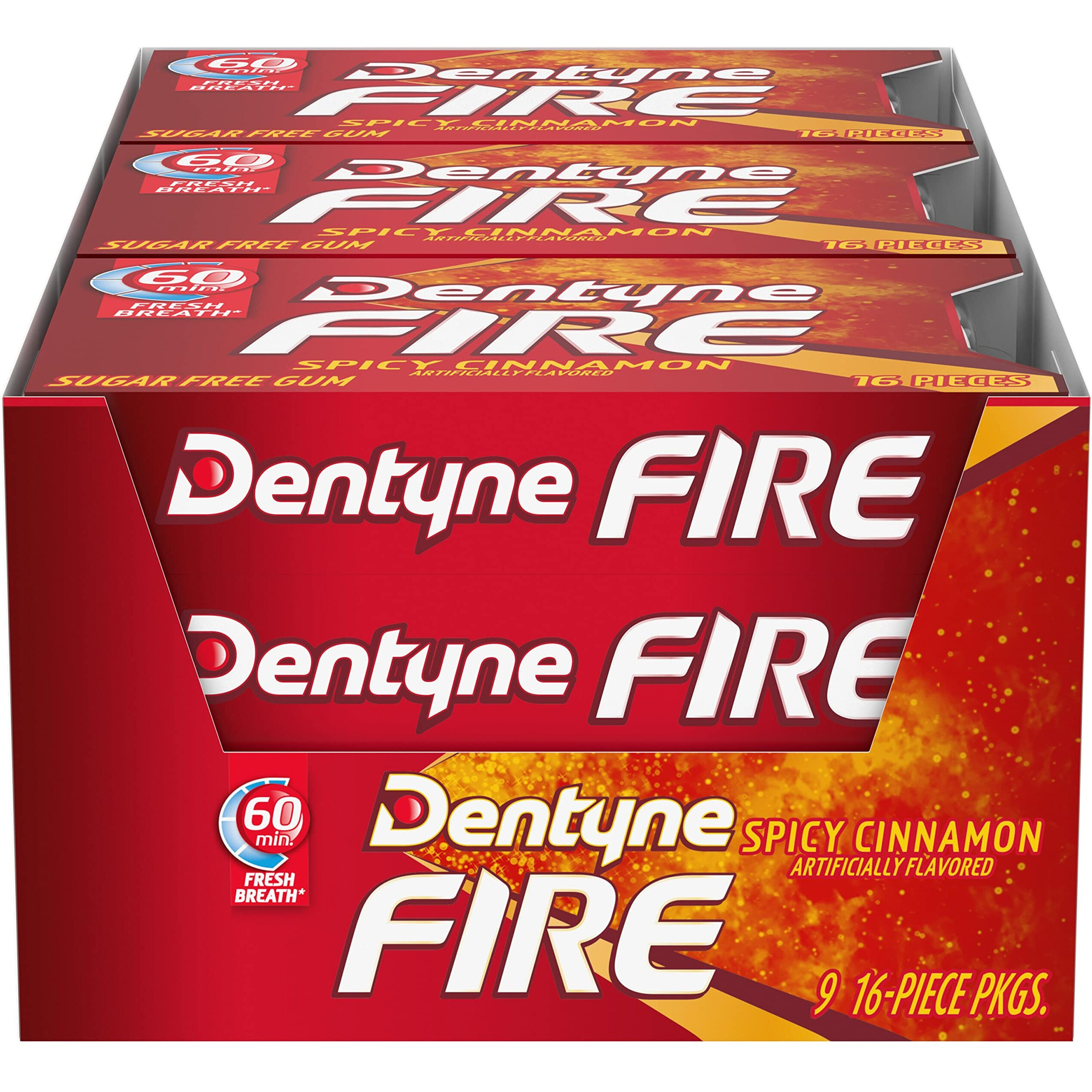 Dentyne Fire Spicy Cinnamon Sugar Free Gum, Pack Of 9 (144 Total Pieces)