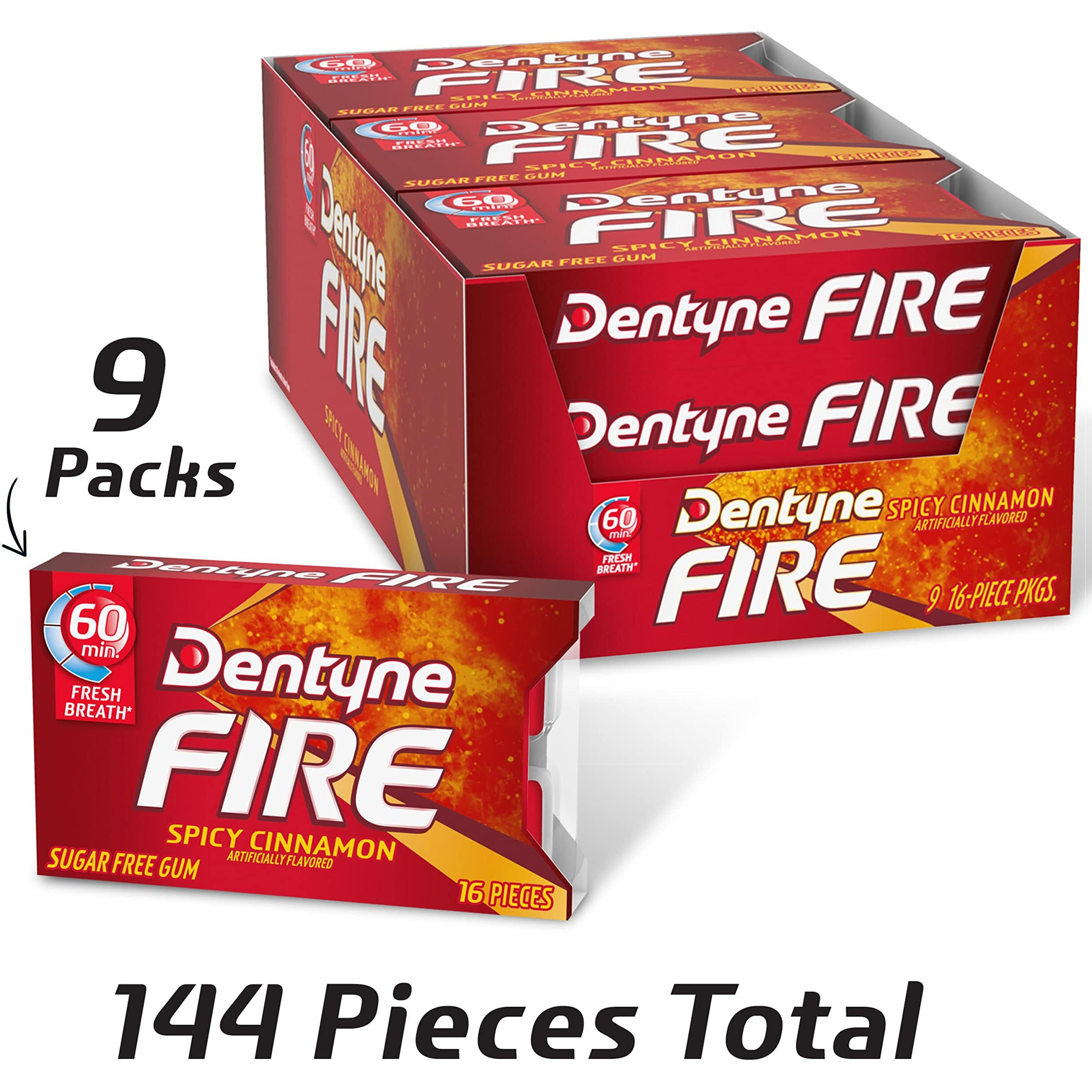Dentyne Fire Spicy Cinnamon Sugar Free Gum, Pack Of 9 (144 Total Pieces)