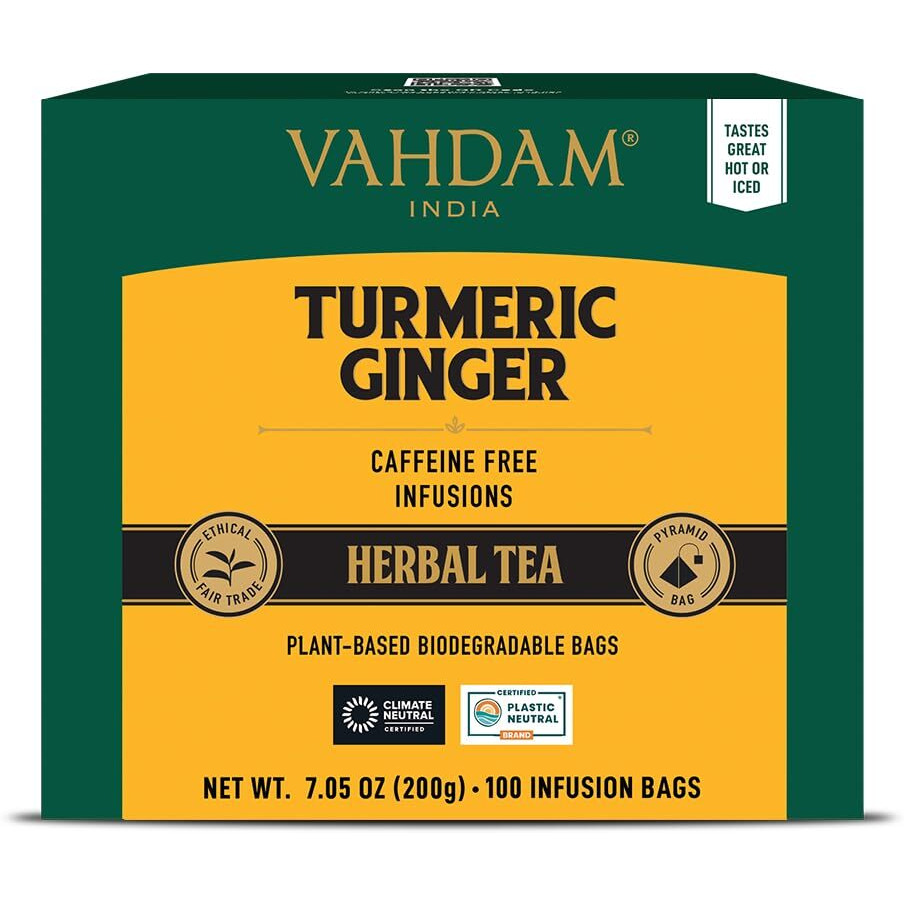 Vahdam, Turmeric Ginger Herbal Tea Bags (100 Pyramid Tea Bags) Caffeine Free, Non Gmo, Gluten Free | 100% Pure Herbal Blend - Savory & Spicy | Whole Loose Leaf Tea Bags