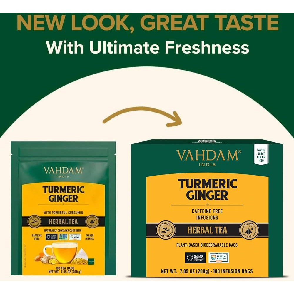 Vahdam, Turmeric Ginger Herbal Tea Bags (100 Pyramid Tea Bags) Caffeine Free, Non Gmo, Gluten Free | 100% Pure Herbal Blend - Savory & Spicy | Whole Loose Leaf Tea Bags