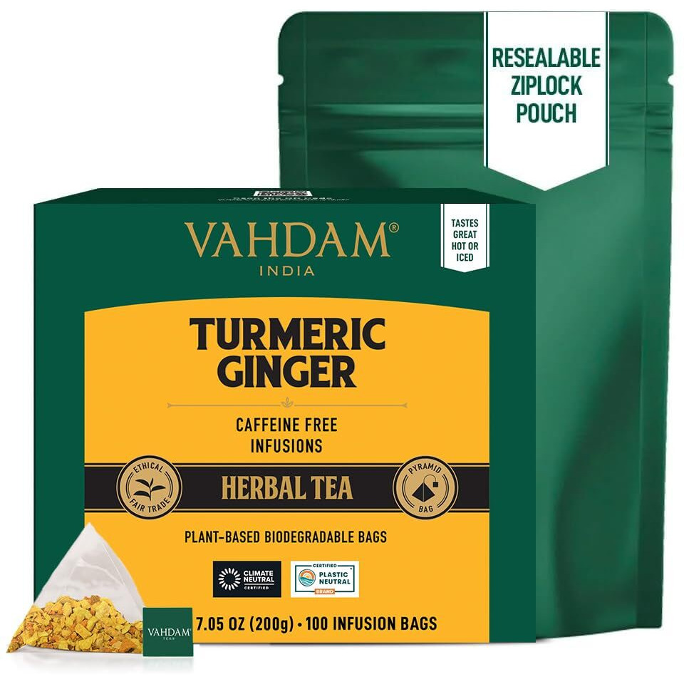 Vahdam, Turmeric Ginger Herbal Tea Bags (100 Pyramid Tea Bags) Caffeine Free, Non Gmo, Gluten Free | 100% Pure Herbal Blend - Savory & Spicy | Whole Loose Leaf Tea Bags