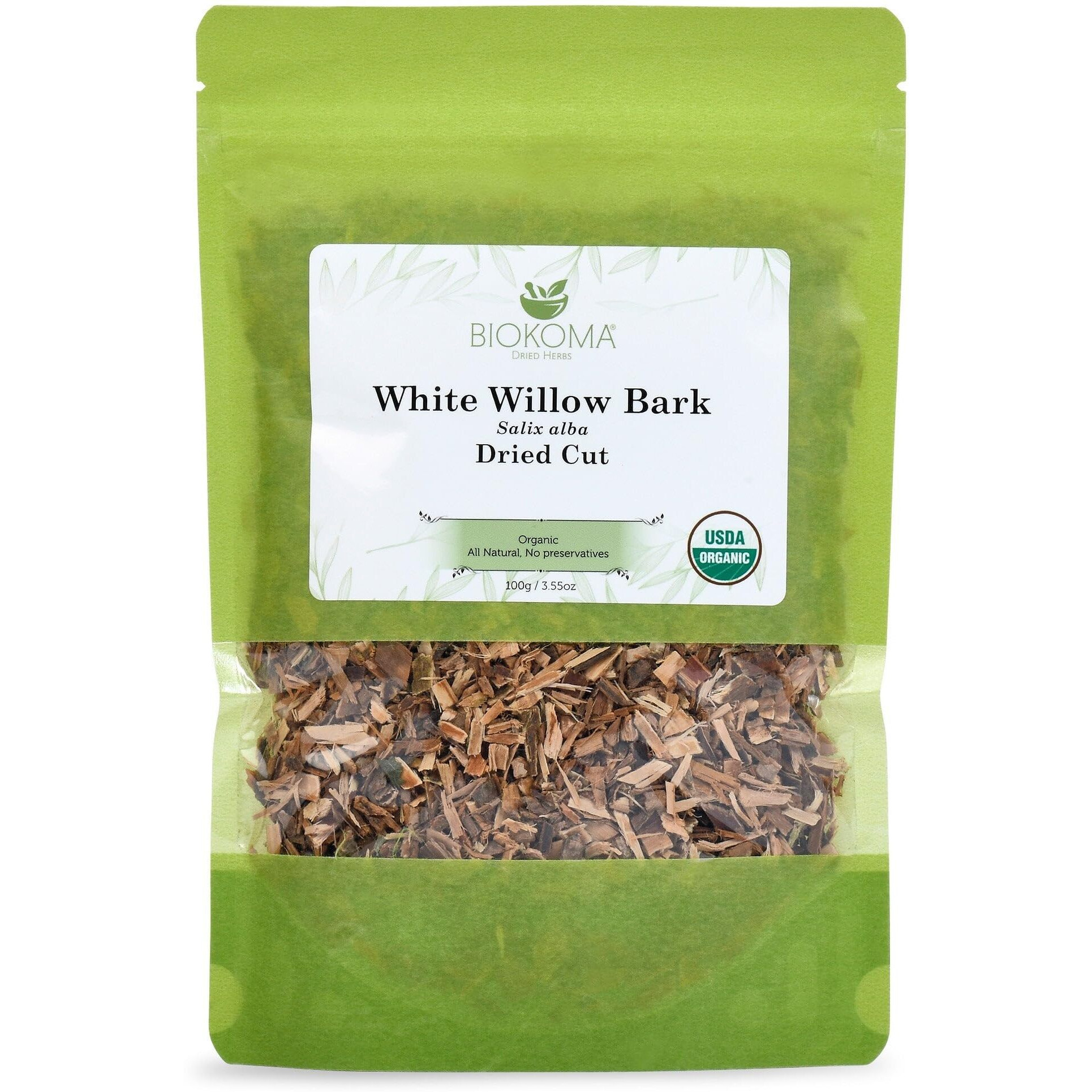 Biokoma Pure And Organic White Willow Bark Dried Cut 100G (3.55Oz) In Resealable Moisture Proof Pouch, Usda Certified Organic - Herbal Tea, No Additives, No Preservatives, No Gmo, Kosher