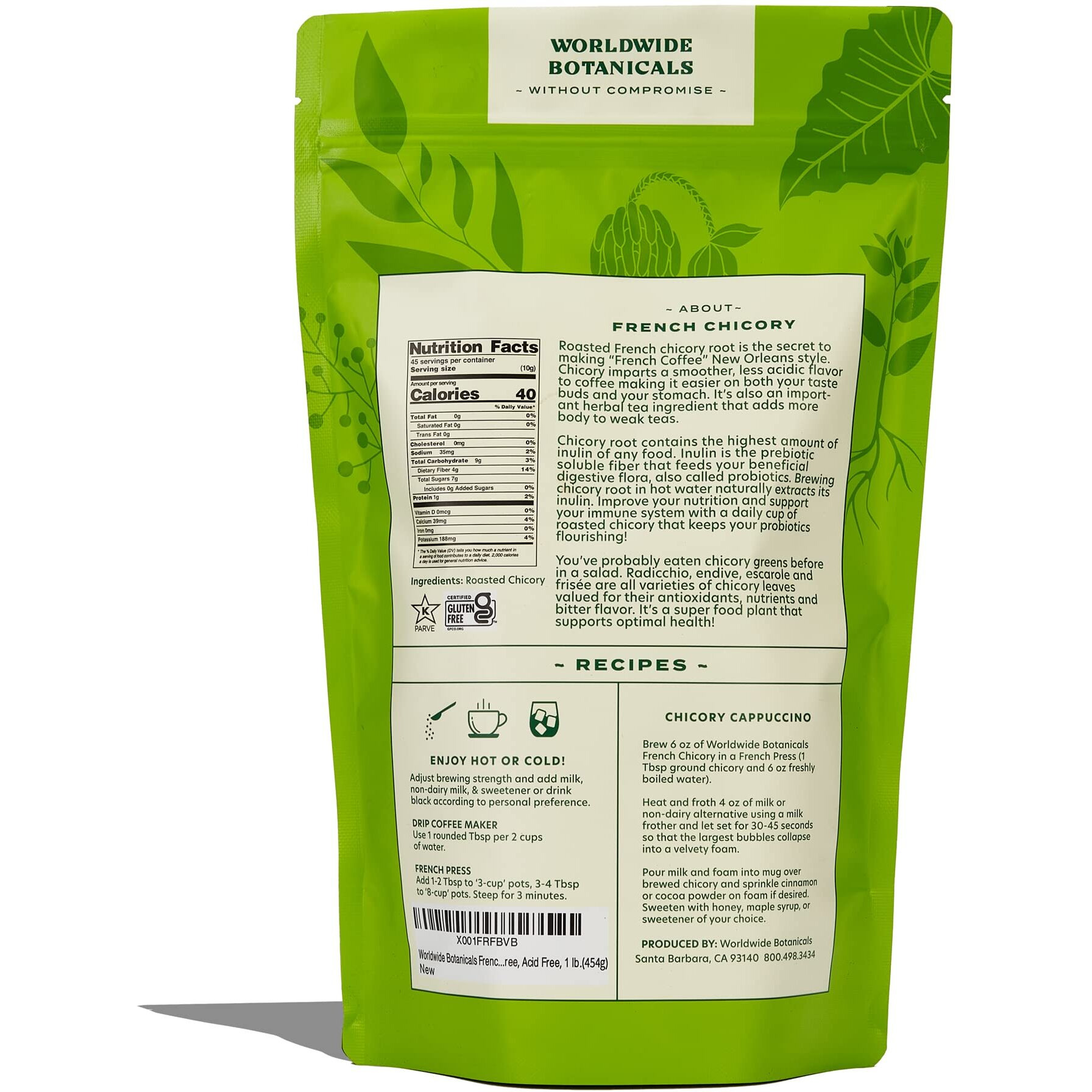 Worldwide Botanicals French Chicory Root - Brew Like Coffee, Blend Roasted Chicory Root With Coffee, Prebiotic Coffee Alternative, Acid Free, Caffeine Free, Kosher - 1 Pound