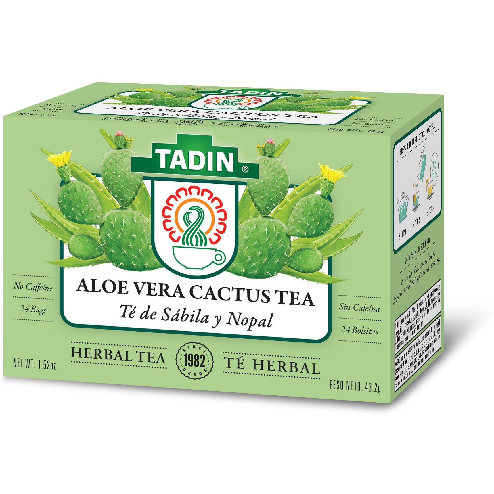 Tadin Aloe Vera Cactus Herbal Tea, Caffeine Free, 24 Tea Bag Per Box, Pack Of 6 Boxes Total