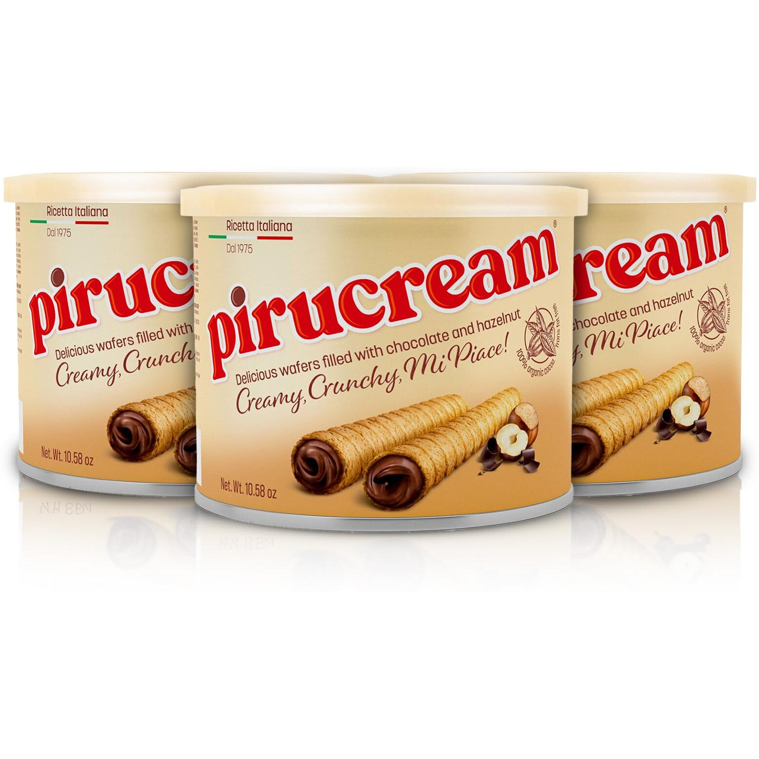 Pirucream Rolled Wafers With Chocolate Hazelnut, Organic Alkaline 100% Cocoa - No Trans-Fat, Preservatives, Colorants Or Additives And Without Palm Oil (300Gr/ 10.58Oz - 3 Pack Tin)