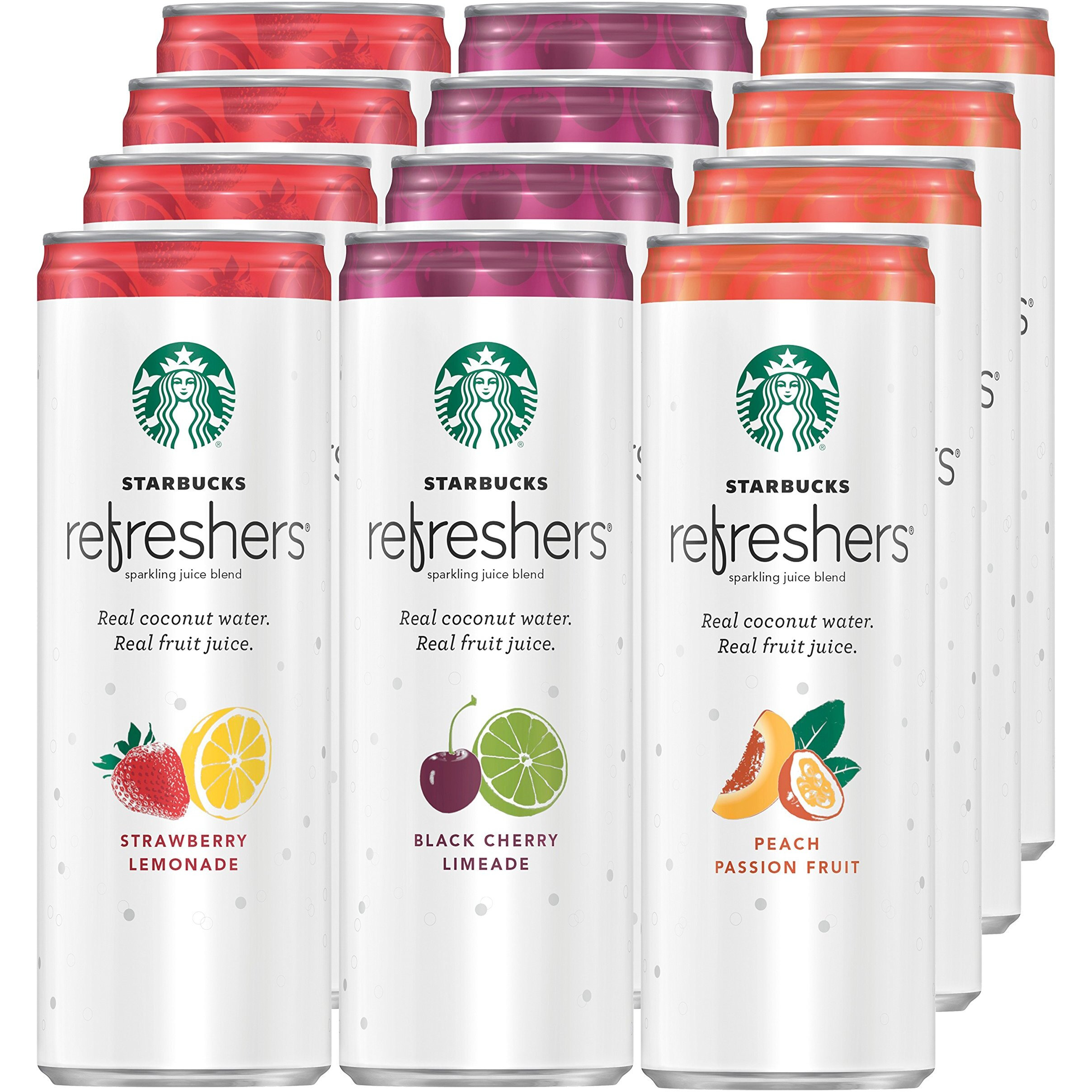 Starbucks Refreshers, 3 Flavor Variety Pack (Peach,Cherry, Stw Lmd), 12 Ounce Sleek Cans (Pack Of 12)