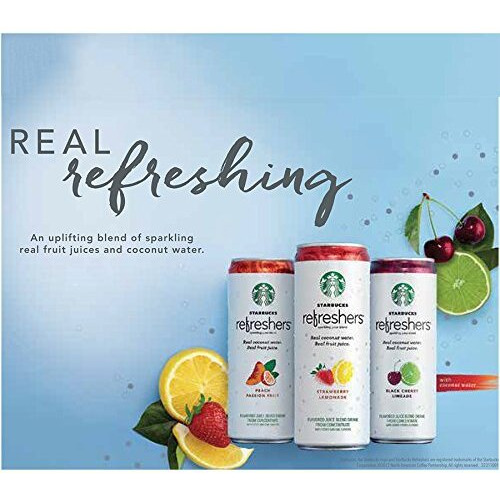 Starbucks Refreshers, 3 Flavor Variety Pack (Peach,Cherry, Stw Lmd), 12 Ounce Sleek Cans (Pack Of 12)