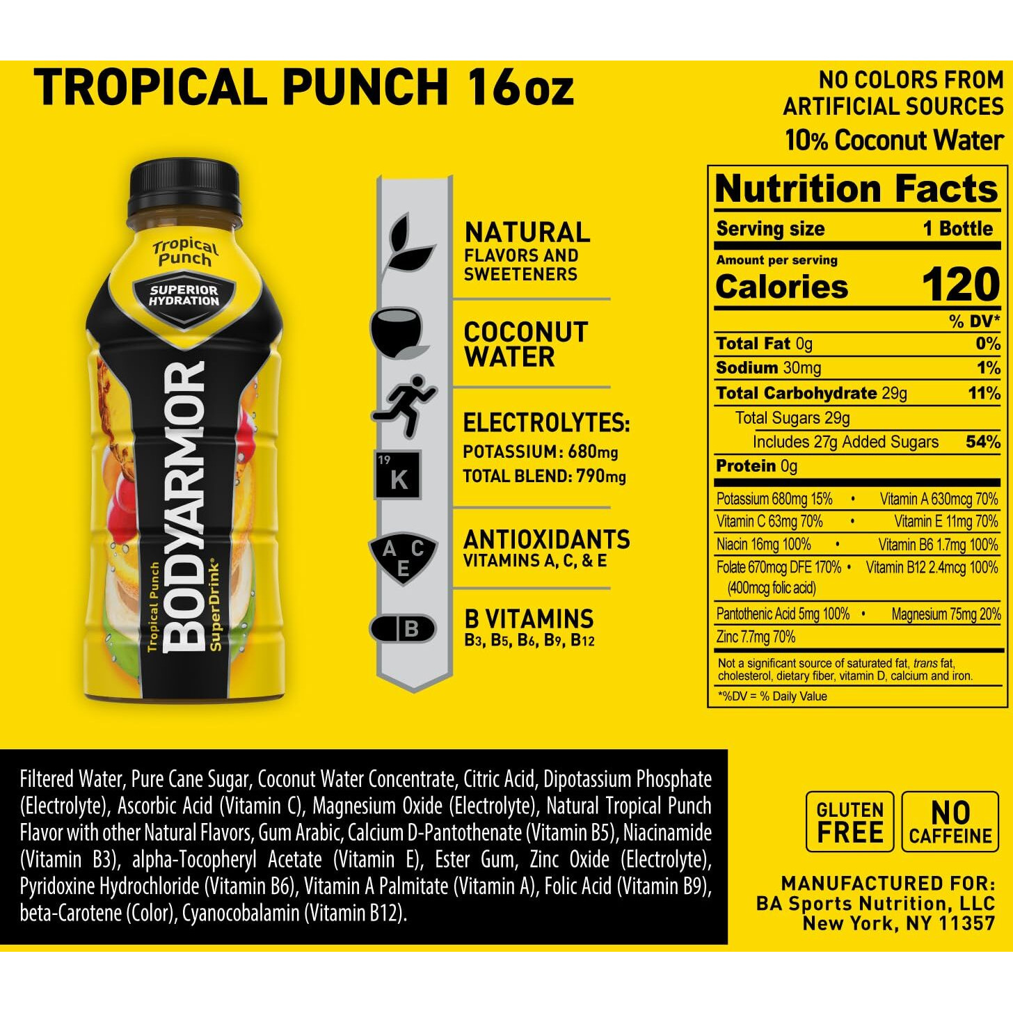 Bodyarmor Sports Drink Sports Beverage, Tropical Punch, Coconut Water Hydration, Natural Flavors With Vitamins, Potassium-Packed Electrolytes, Perfect For Athletes, 16 Fl Oz (Pack Of 12)