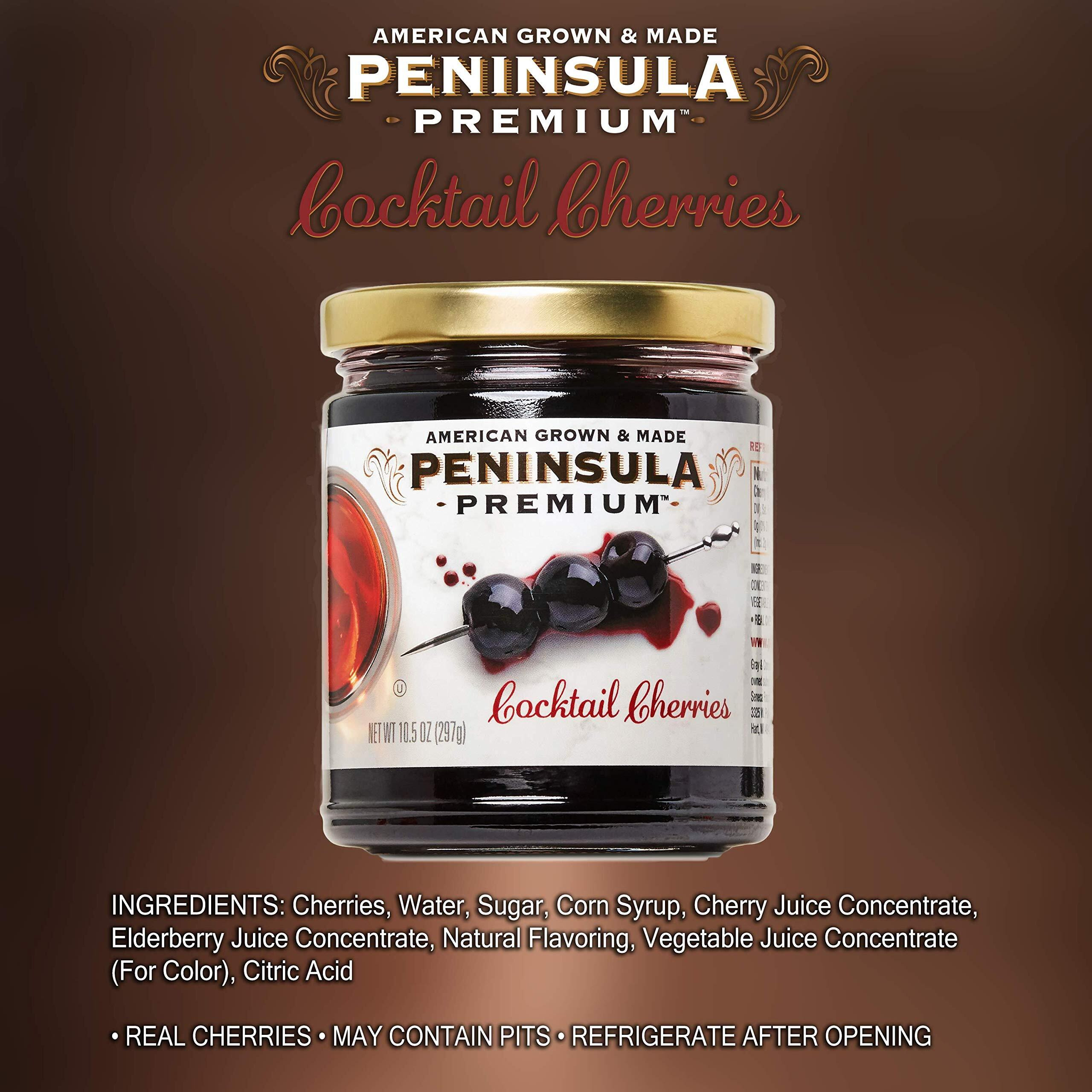 Peninsula Premium Cocktail Cherries | Award Winning | Deep Burgundy-Red | Silky Smooth, Rich Syrup | Luxe Fruit Forward, Sweet-Tart Flavor | Gourmet | American Grown & Made | 10.5 Oz