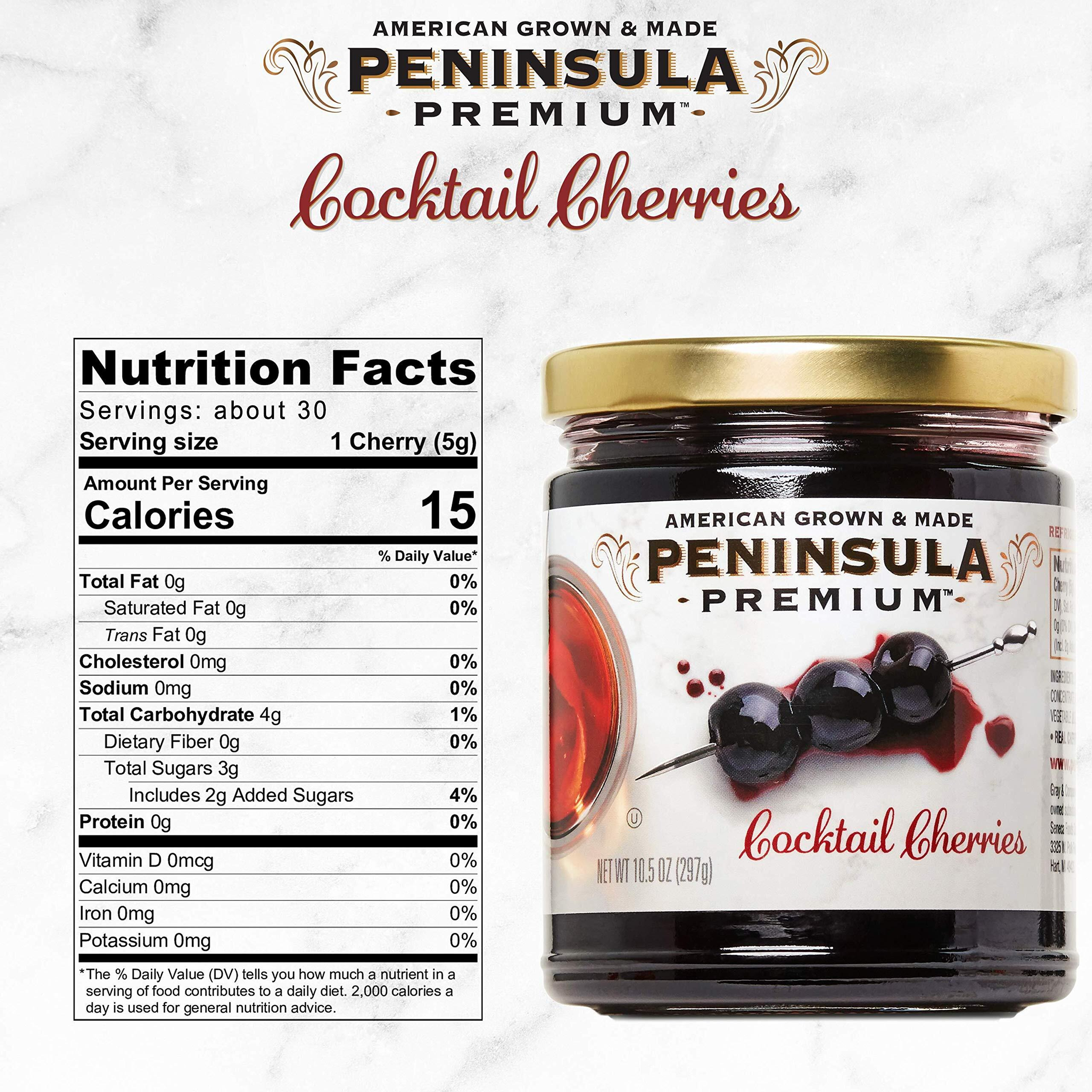 Peninsula Premium Cocktail Cherries | Award Winning | Deep Burgundy-Red | Silky Smooth, Rich Syrup | Luxe Fruit Forward, Sweet-Tart Flavor | Gourmet | American Grown & Made | 10.5 Oz