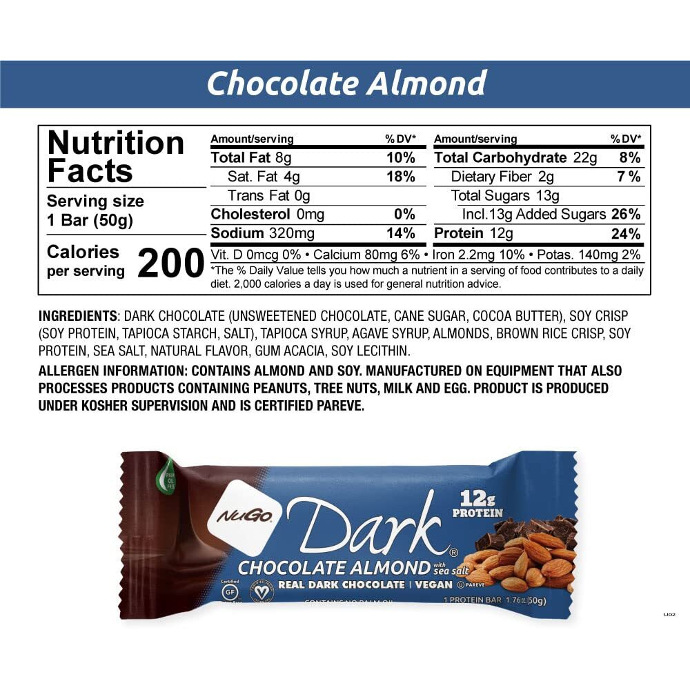 Nugo Dark Chocolate Almond With Sea Salt, 12G Vegan Protein, 200 Calorie, Gluten Free, 12 Count