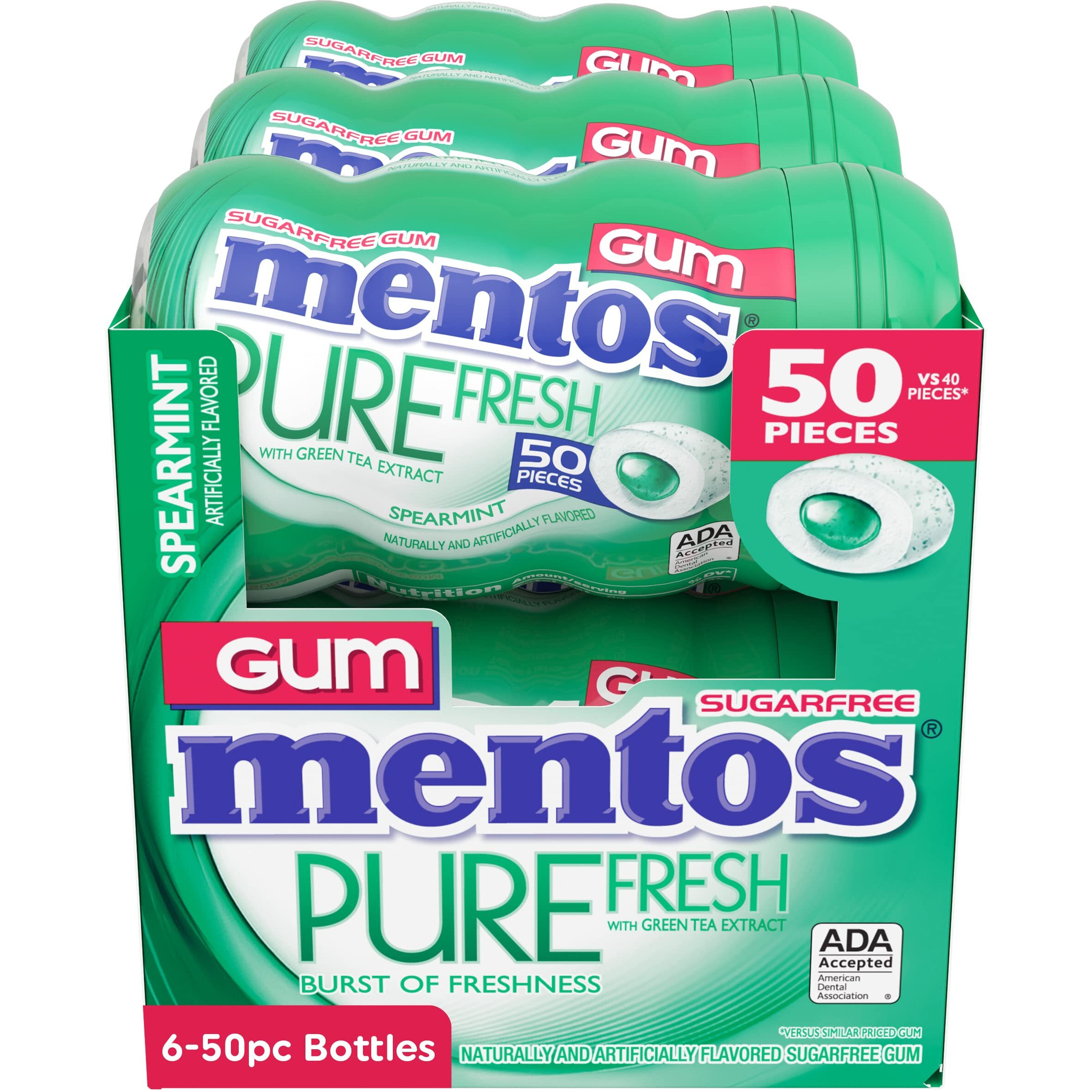 Mentos Pure Fresh Sugar-Free Chewing Gum With Xylitol, Spearmint, 50 Piece Bottle (Bulk Pack Of 6)