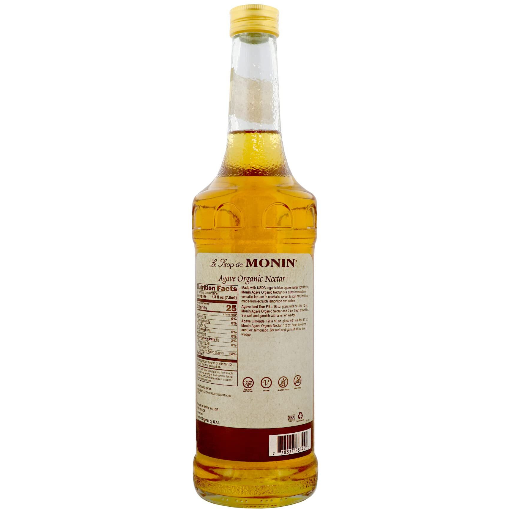 Monin - Organic Agave Syrup, Sweet And Full Flavor, Great For Any Beverage, Gluten-Free, Non-Gmo (750 Ml)