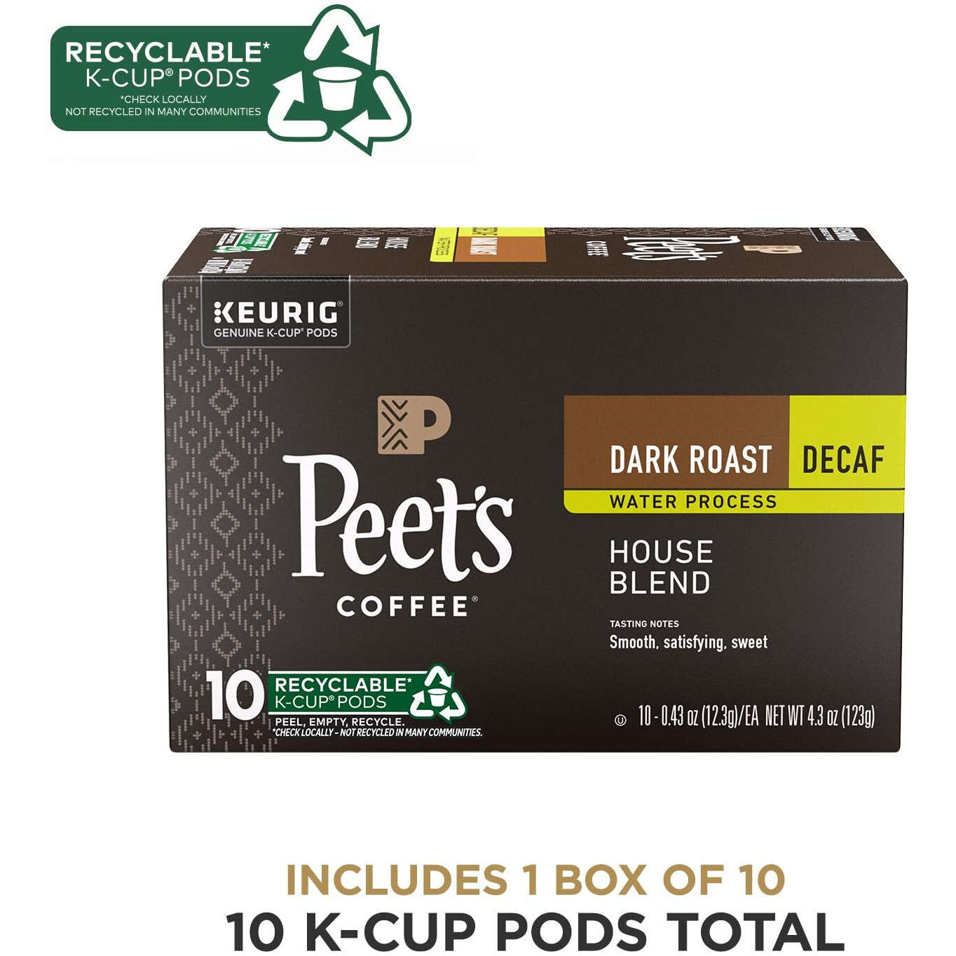 Peet's Coffee, Dark Roast Decaffeinated Coffee K-Cup Pods For Keurig Brewers - Decaf House Blend 10 Count (1 Box Of 10 K-Cup Pods)