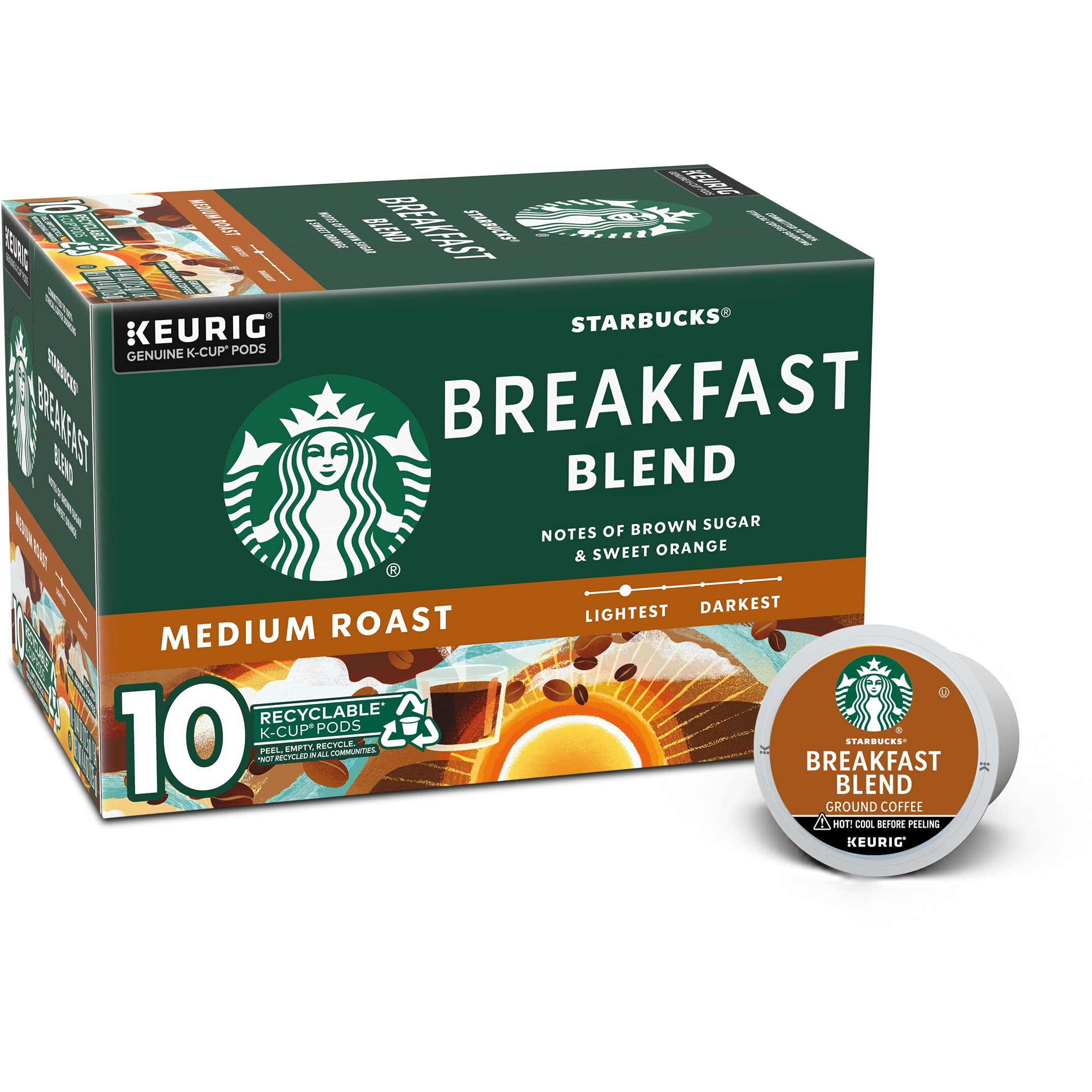 Starbucks Medium Roast K-Cup Coffee Pods - Breakfast Blend For Keurig Brewers - 1 Box (10 Pods)