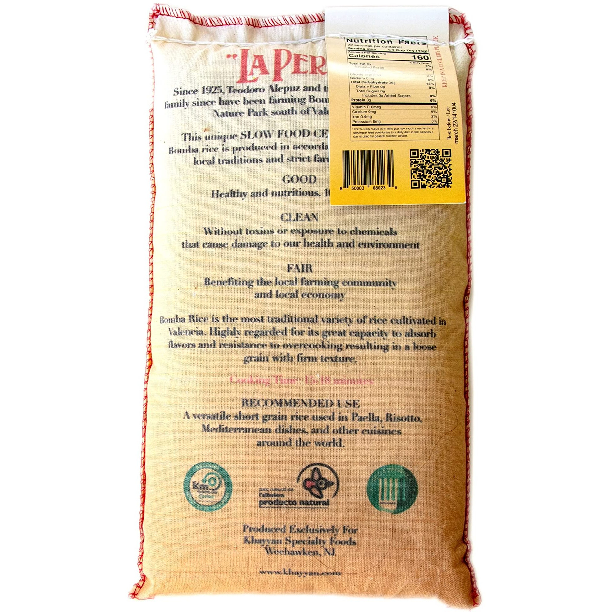 La Perla | Bomba Rice | Denomination Of Origin Valencia Spain | Slow Food Valencia Certified | Naturally Grown | Perfect For Paella & All Mediterranean Rice Dishes | 2.2 Lbs (1 Kg)