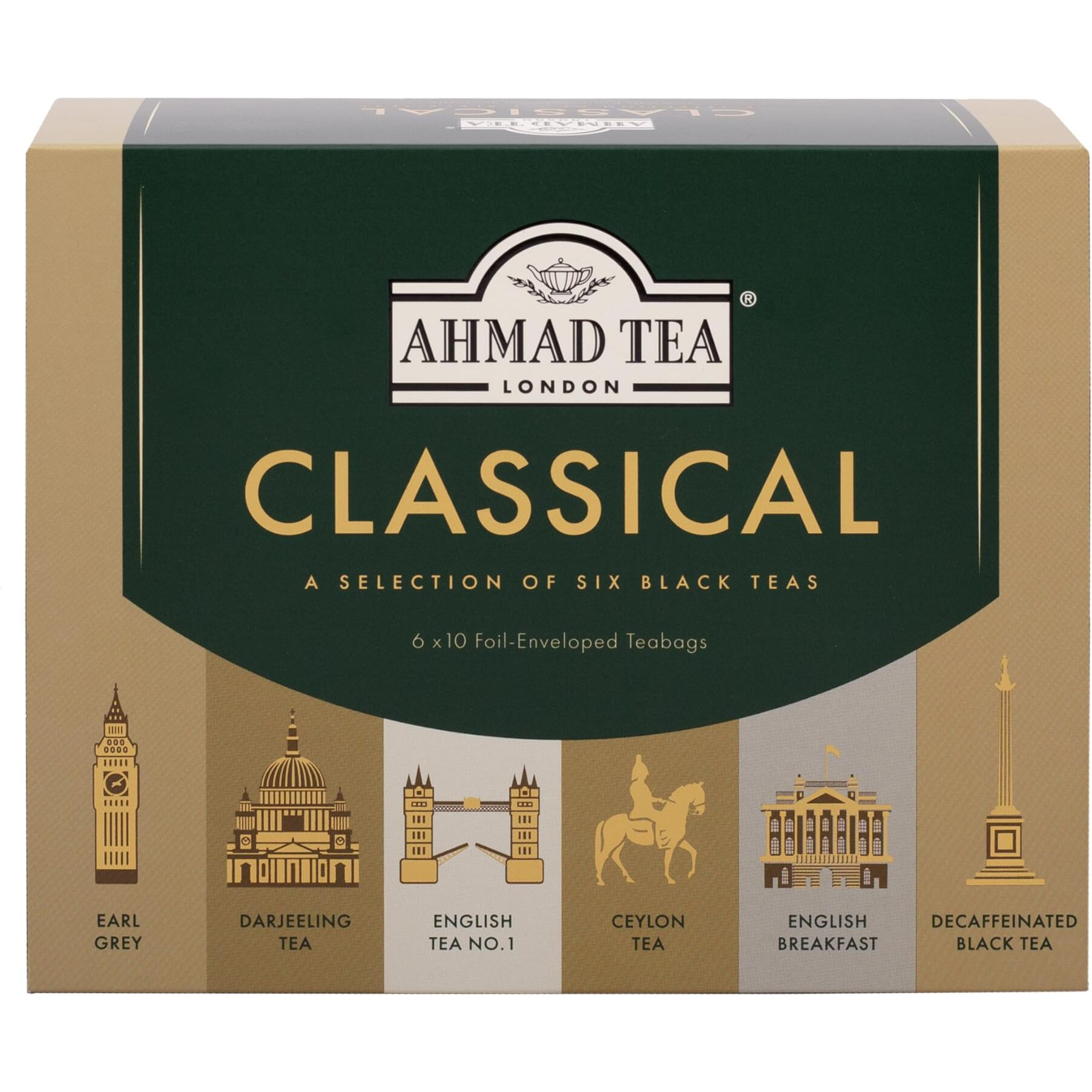 Ahmad Tea Black Tea, Classic Selection Pack Teabags, 60 Foil Teabags - Caffeinated, Decaffeinated, & Sugar-Free