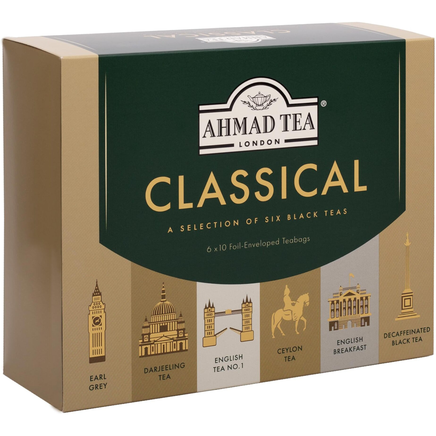 Ahmad Tea Black Tea, Classic Selection Pack Teabags, 60 Foil Teabags - Caffeinated, Decaffeinated, & Sugar-Free