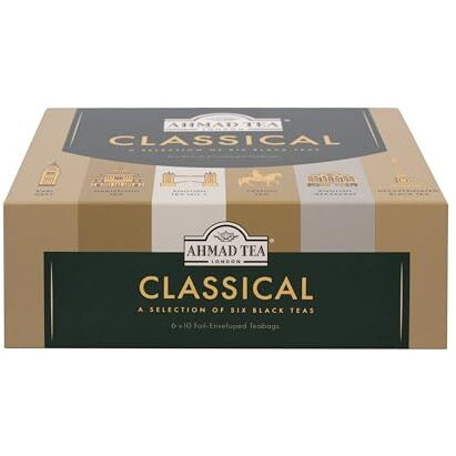 Ahmad Tea Black Tea, Classic Selection Pack Teabags, 60 Foil Teabags - Caffeinated, Decaffeinated, & Sugar-Free