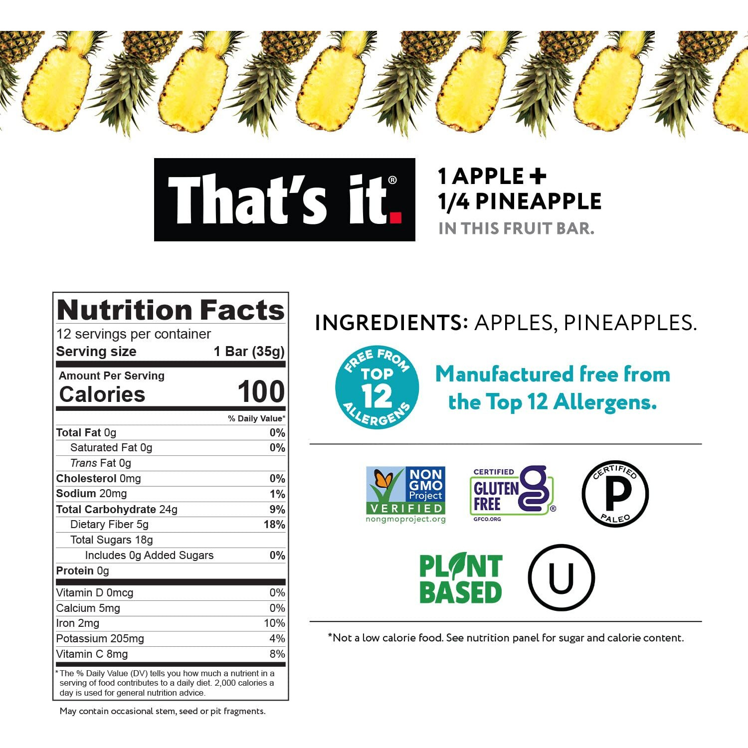That's It. Apple + Pineapple 100% Natural Real Fruit Bar, Best High Fiber Vegan, Gluten Free Healthy Snack, Paleo For Children & Adults, Non Gmo No Added Sugar, No Preservatives Energy Food (12 Pack)
