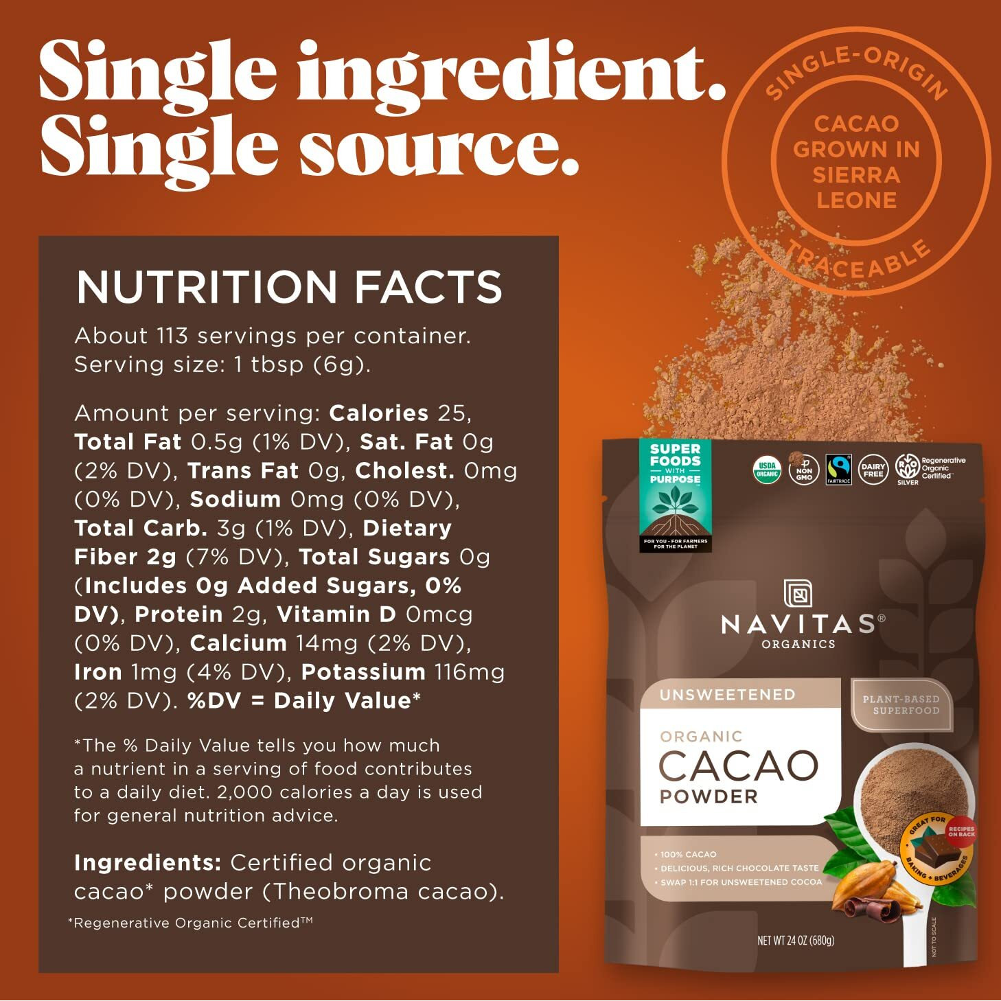 Navitas Organics Organic Cacao Powder, Non-Gmo, Fair Trade, Gluten-Free, 24 Ounce