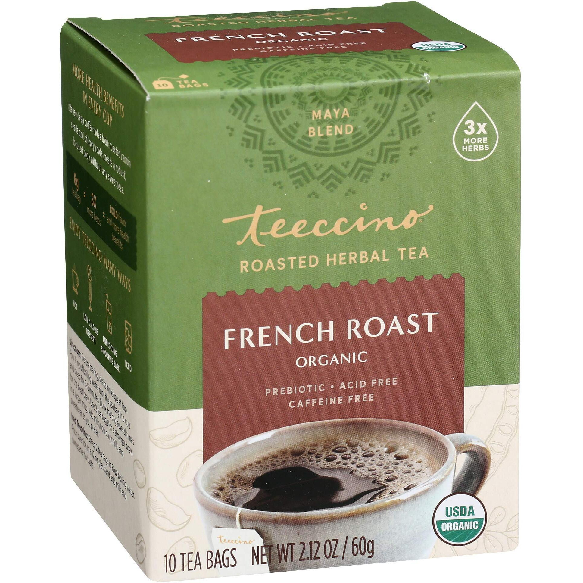 Teeccino French Roast Herbal Tea - Rich & Roasted Herbal Tea Thats Caffeine Free & Prebiotic For Natural Energy, Coffee Alternative, 10 Tea Bags