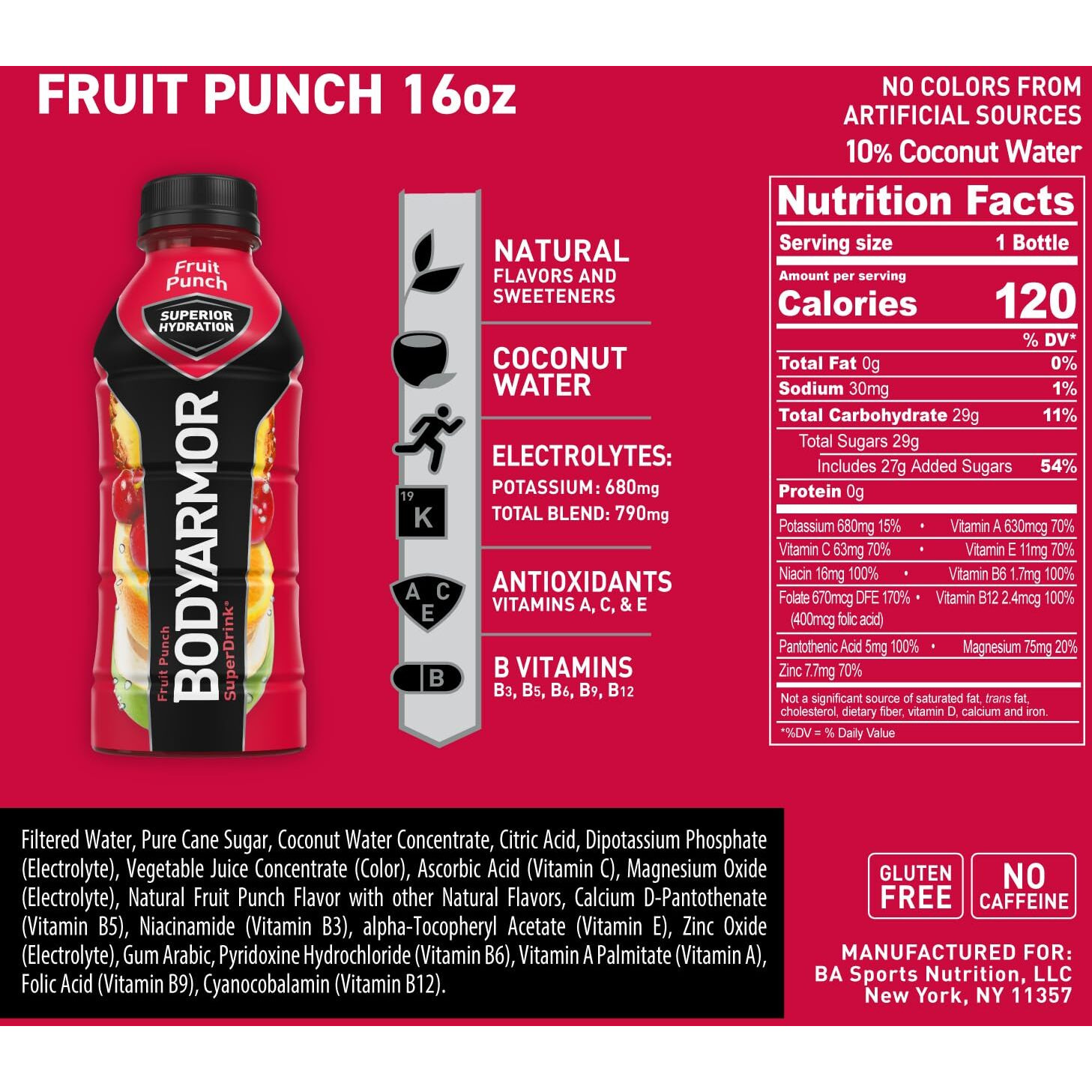 Bodyarmor Sports Drink Sports Beverage, Fruit Punch, Coconut Water Hydration, Natural Flavors With Vitamins, Potassium-Packed Electrolytes, Perfect For Athletes, 16 Fl Oz (Pack Of 12)