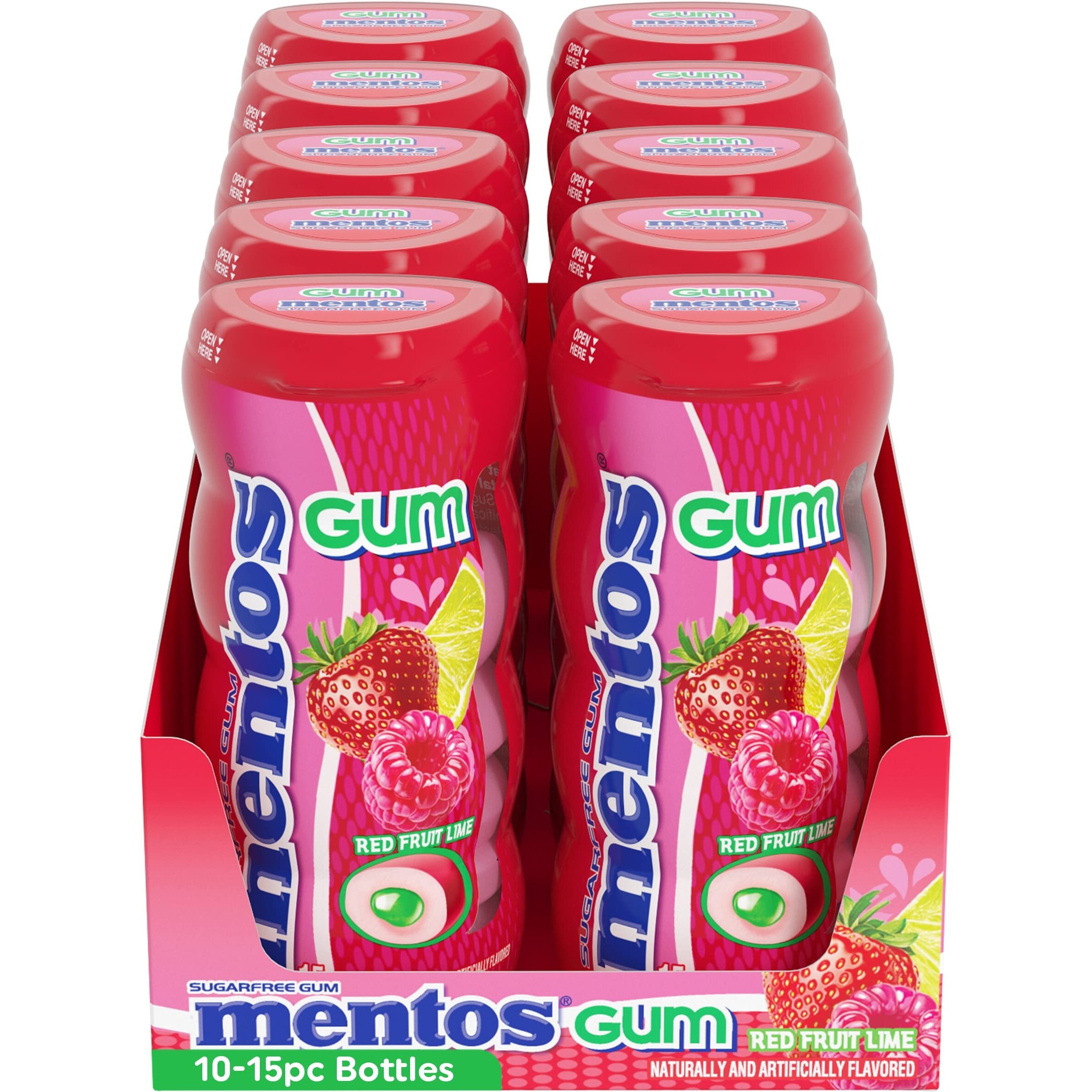 Mentos Sugarfree Chewing Gum With Xylitol 15 Piece Bottle Bulk Pack Of, Red Fruit & Lime, (Pack Of 10)