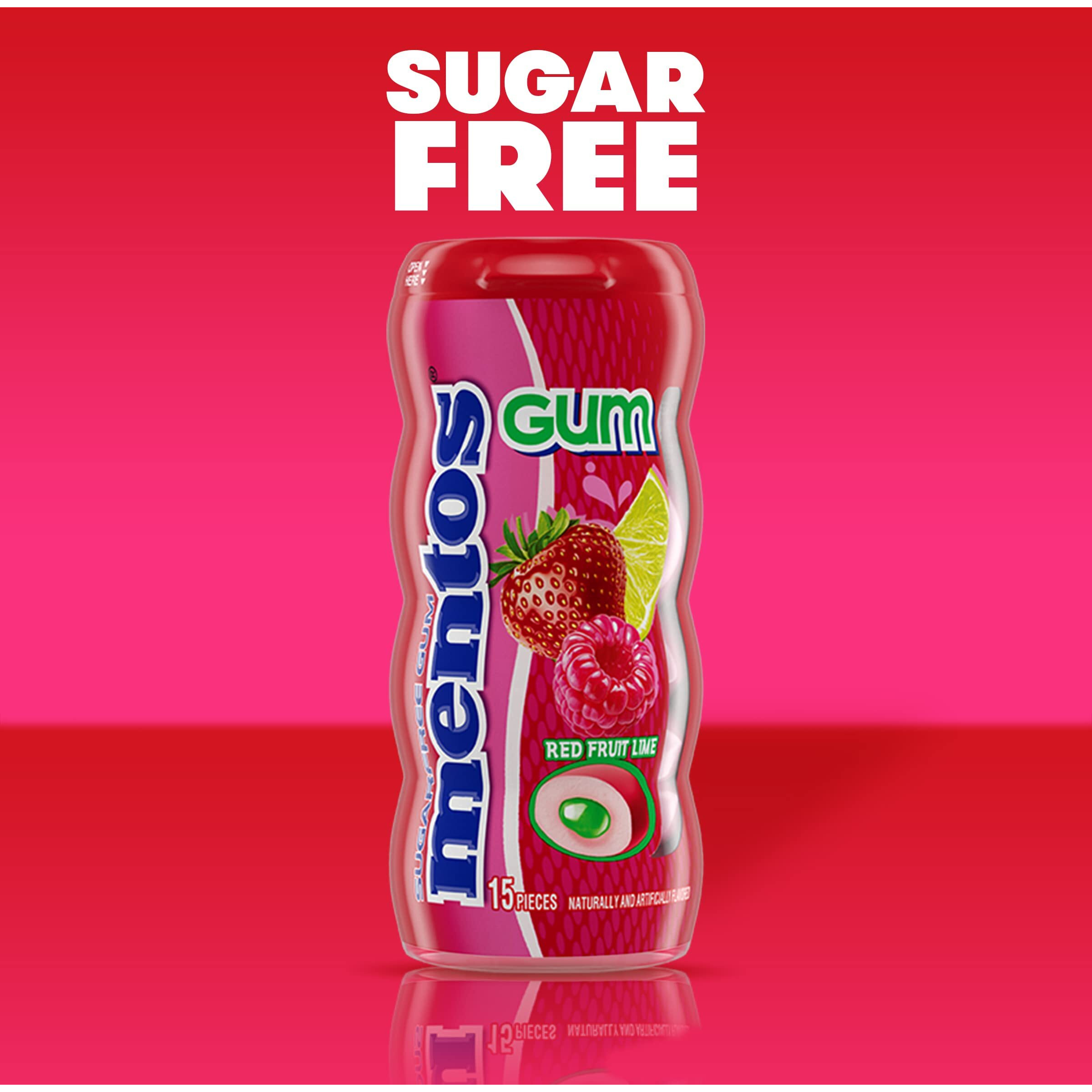 Mentos Sugarfree Chewing Gum With Xylitol 15 Piece Bottle Bulk Pack Of, Red Fruit & Lime, (Pack Of 10)