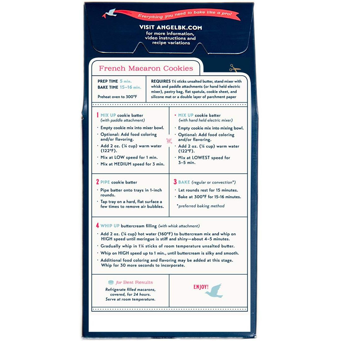 French Macaron Baking Mix With Swiss Buttercream Filling. Baker's Choice Single Step Formulation. Gluten Free. Makes 48 Shells.