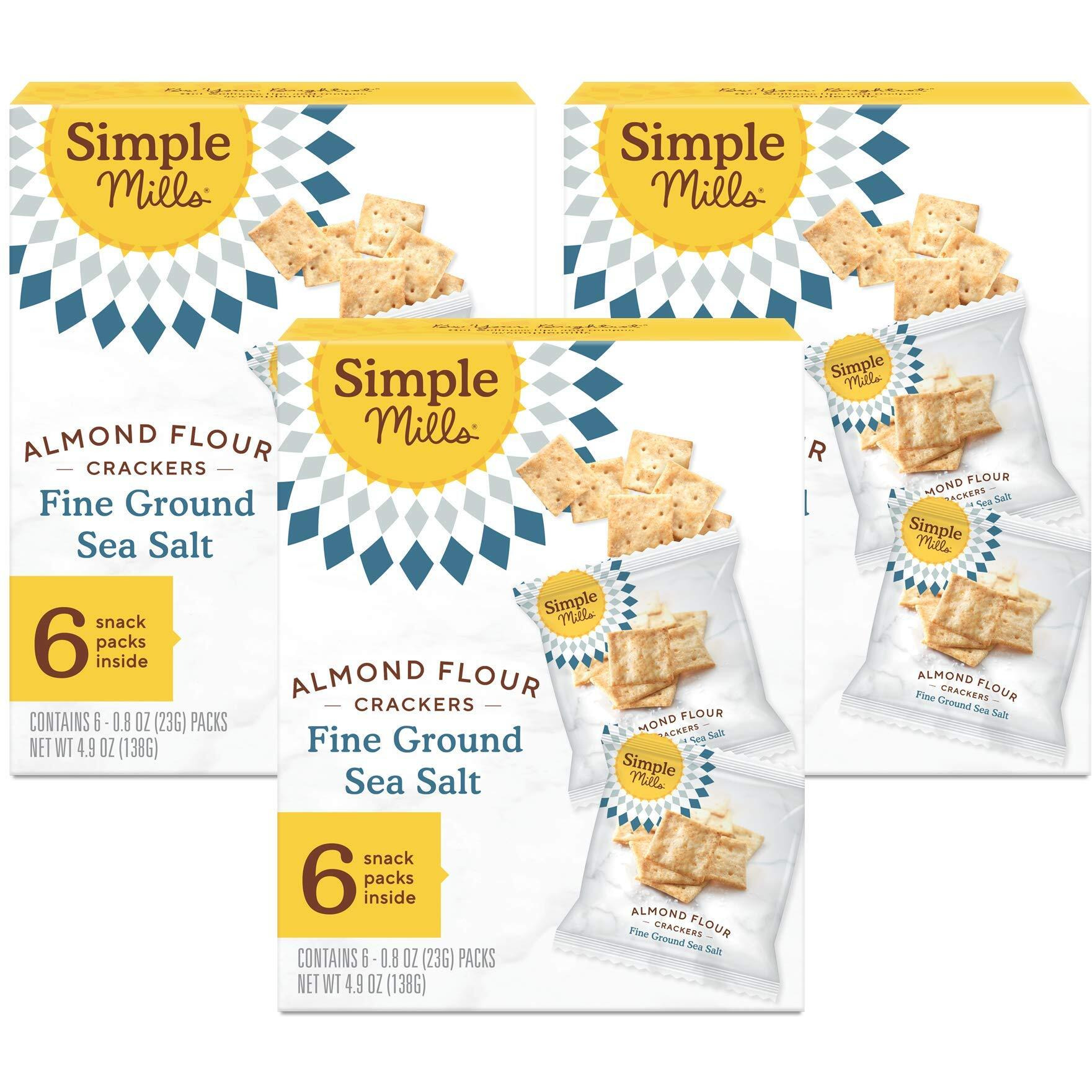 Simple Mills Almond Flour Crackers, Fine Ground Sea Salt Snack Packs - Gluten Free, Vegan, Healthy Snacks, 4.9 Ounce (Pack Of 3)
