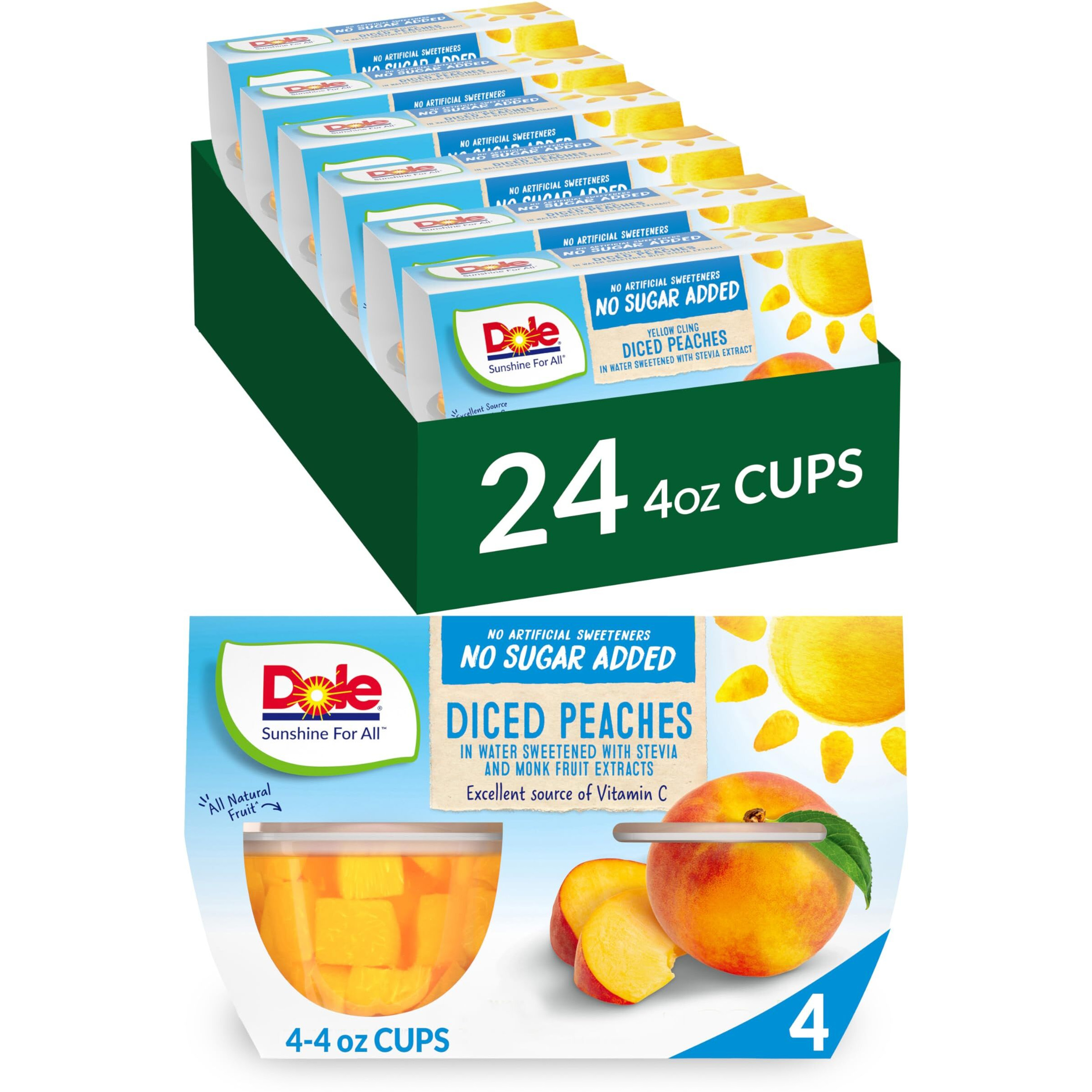 Dole Fruit Bowls No Sugar Added Snacks, Diced Peaches 4Oz 24 Cups, Gluten & Dairy Free, Bulk Lunch Snacks For Kids & Adults