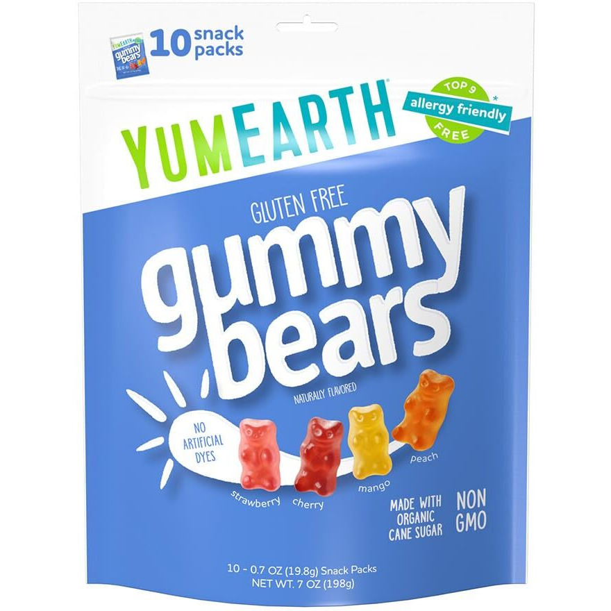 Yumearth Organic Fruit Flavored Gummy Bears, 10- .7Oz. Snack Packs, Allergy Friendly, Gluten Free, Non-Gmo, No Artificial Flavors Or Dyes