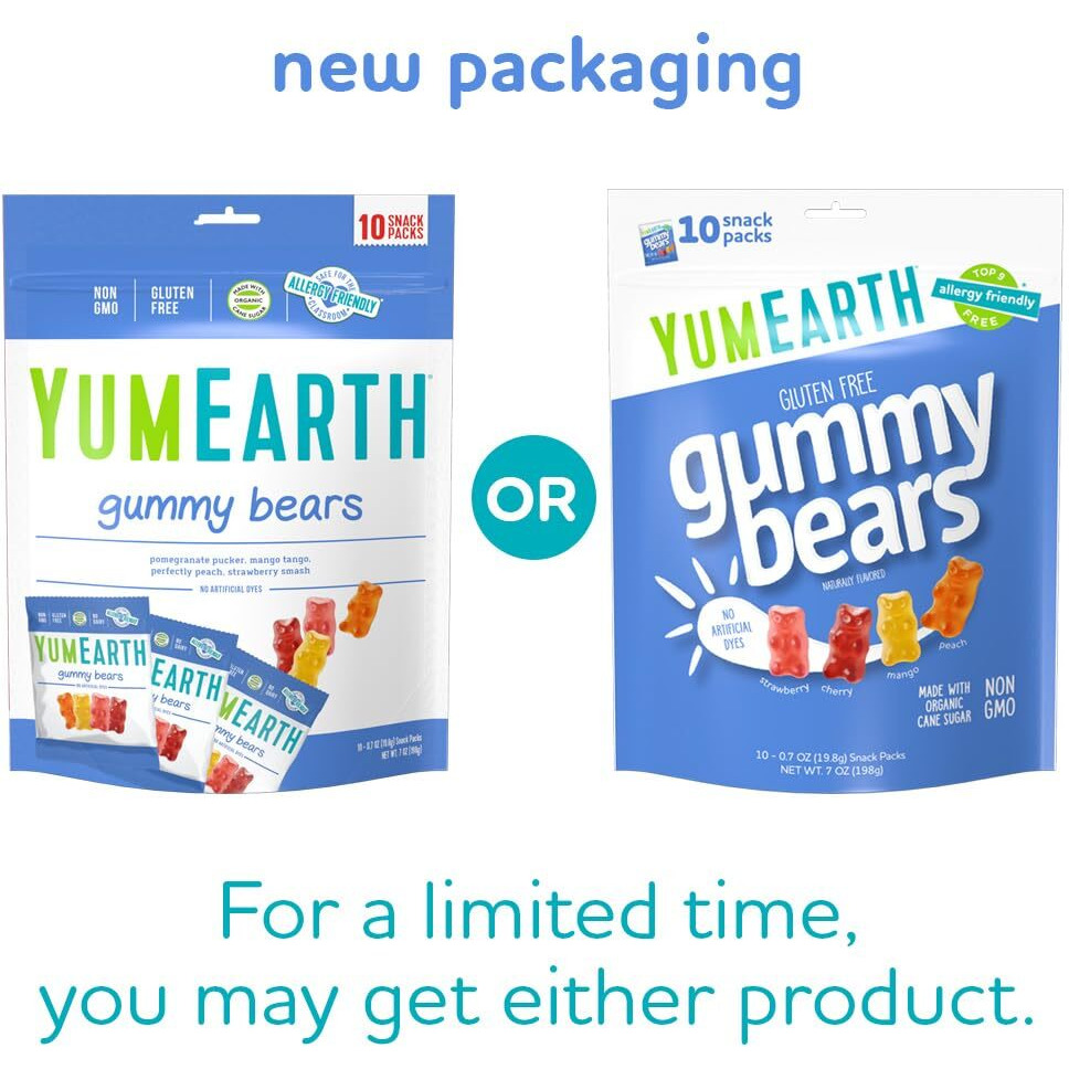 Yumearth Organic Fruit Flavored Gummy Bears, 10- .7Oz. Snack Packs, Allergy Friendly, Gluten Free, Non-Gmo, No Artificial Flavors Or Dyes