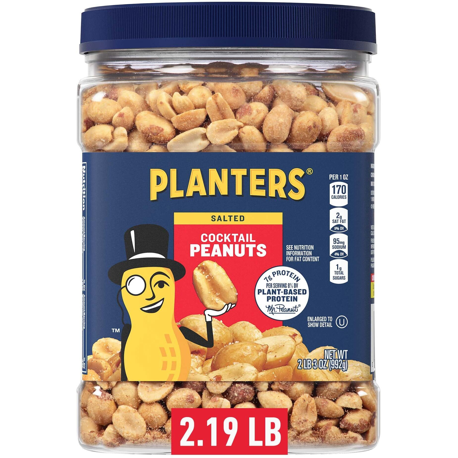 Planters Salted Cocktail Peanuts, Party Snack, Plant-Based Protein, After School Snack, Roasted In Peanut Oil, Salted Nuts, Snack For Adults, Flavored With Sea Salt, Bulk Nuts, Kosher, 2.19Lb Jar