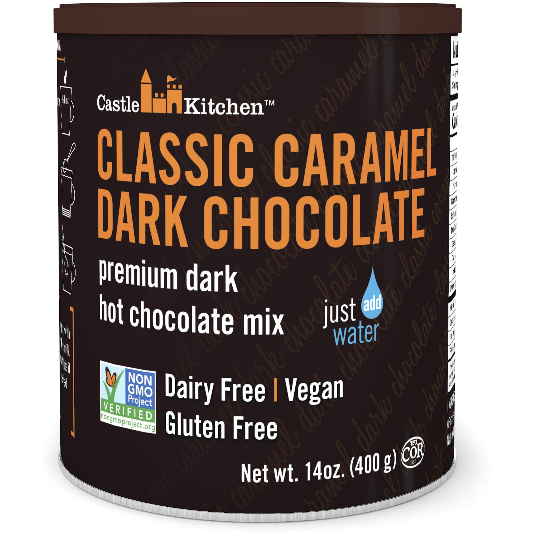 Castle Kitchen Caramel Dark Chocolate Hot Chocolate - Dairy-Free, Vegan Premium Hot Chocolate Mix - Just Add Water - 14 Oz