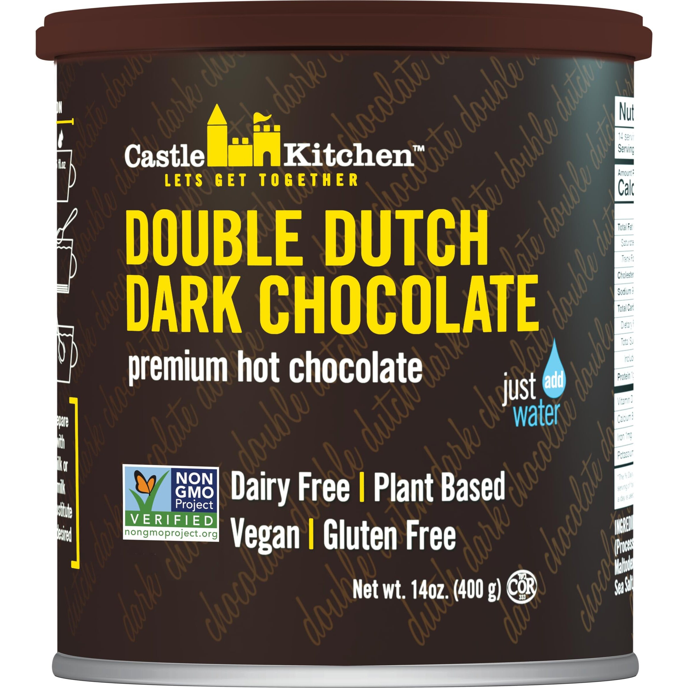 Castle Kitchen Double Dutch Dark Chocolate Premium Hot Cocoa Mix - Dairy-Free, Vegan, Plant Based, Gluten-Free, Non-Gmo Project Verified, Kosher - Just Add Water - 14 Oz