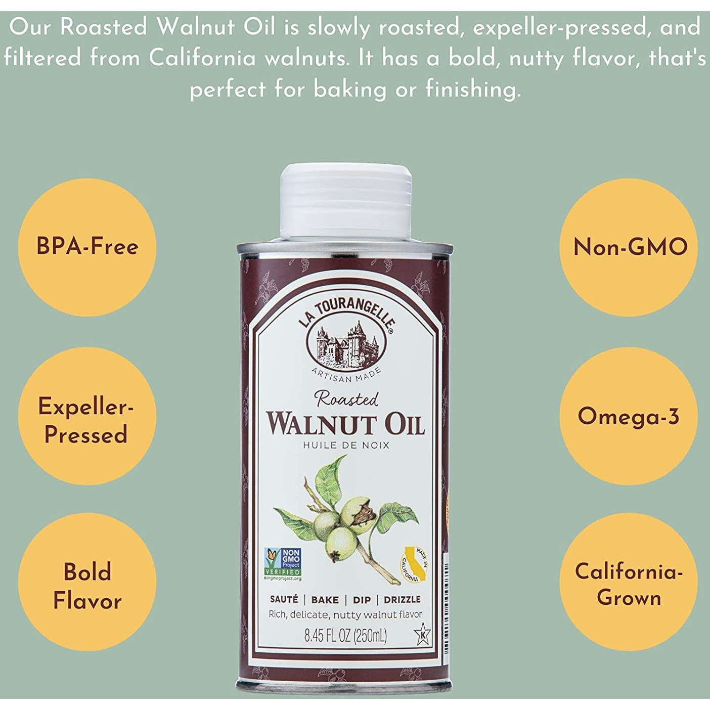La Tourangelle, Roasted Walnut Oil, Plant-Based Source Of Omega-3 Fatty Acid, Cooking, Baking, & Beauty, 8.45 Fl Oz