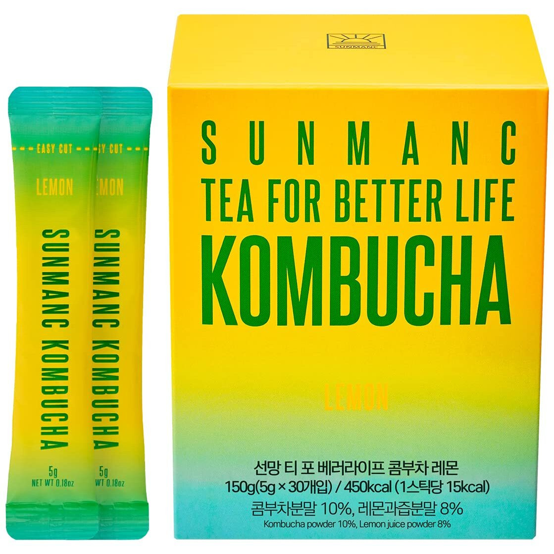 Sunmanc Kombucha 30 Packets, Sparkling Probiotic Fermented Drink, Convenient Powdered Drink Mix, Tea Powder, Low Calories, Sugar 0G, Low Caffeine (Lemon)