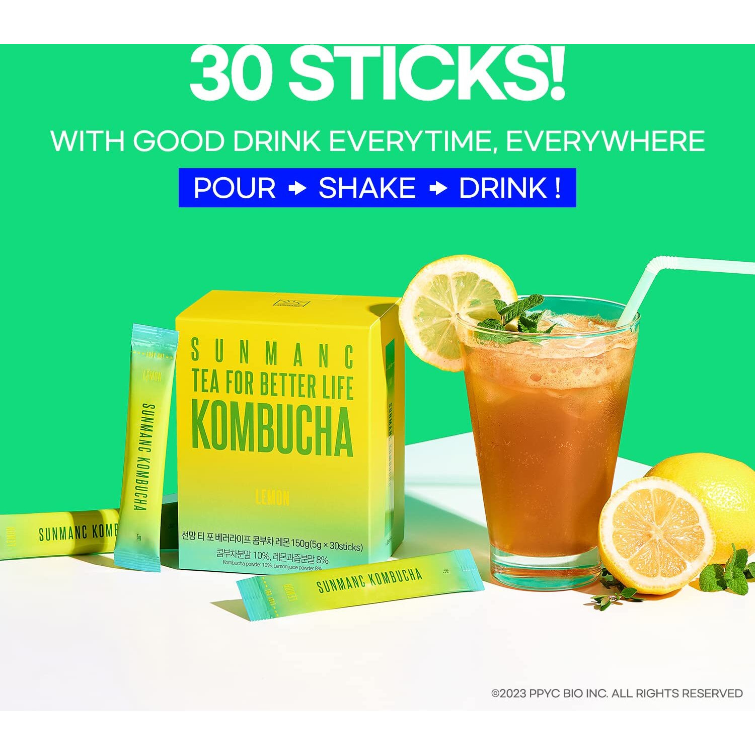 Sunmanc Kombucha 30 Packets, Sparkling Probiotic Fermented Drink, Convenient Powdered Drink Mix, Tea Powder, Low Calories, Sugar 0G, Low Caffeine (Lemon)