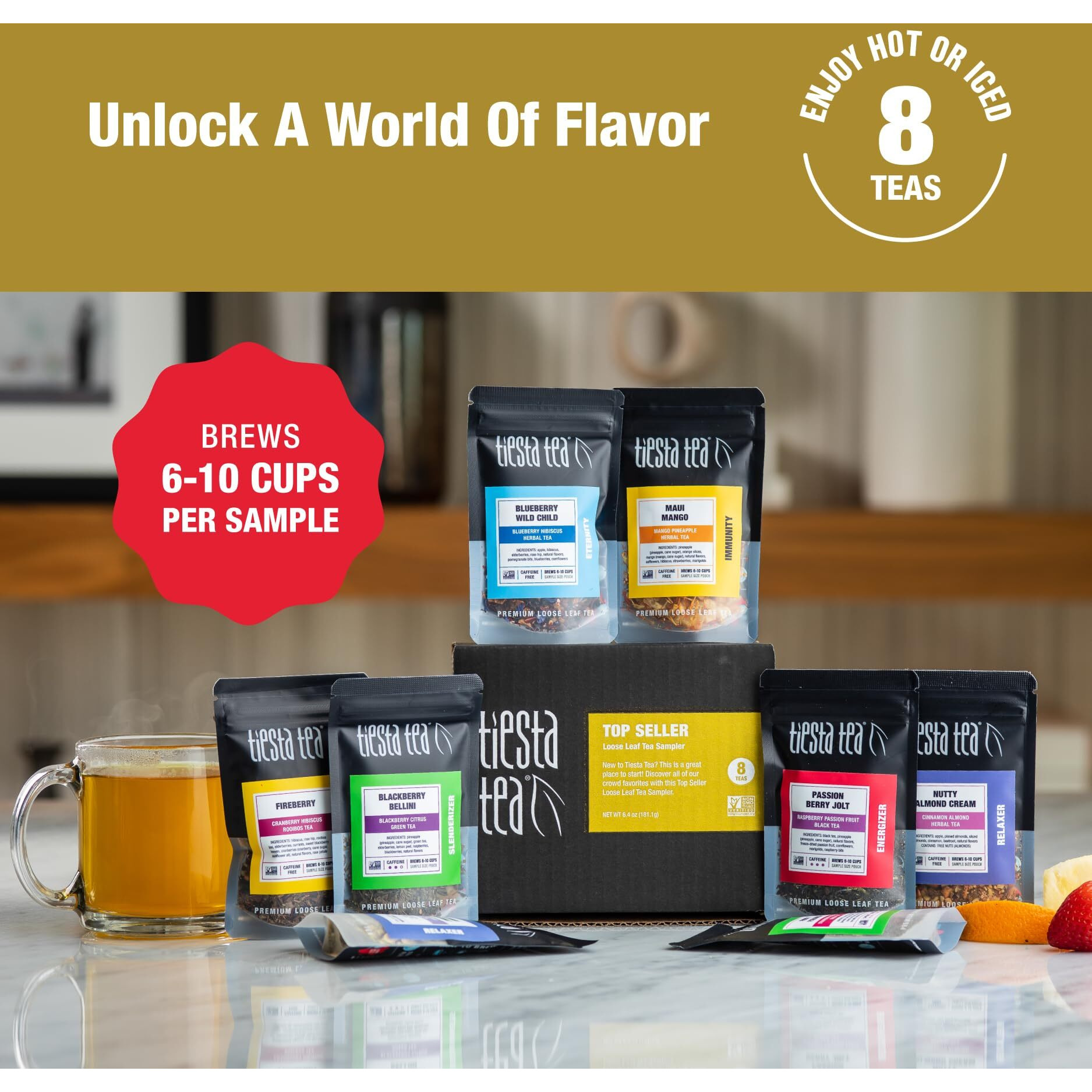 Tiesta Tea Top 8 Favorites Sampler Set, Up To 80 Cups, High To No Caffeine, Hot & Iced Tea, Loose Leaf Tea Variety Pack With Green, Herbal, Black & Chai Tea, 8 Sample Pouches