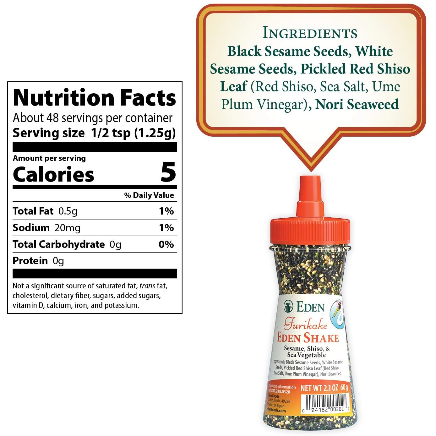 Eden Shake Furikake, Made In Japan, Rice Seasoning, No Sugar, Seaweed, Nori, Pickled Red Shiso Leaf, Black And White Sesame Seeds, Rice Topping, Onigiri, 2.1 Oz (2-Pack)