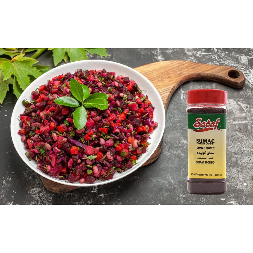 Sadaf Sumac Spice Ground - Pure Sumac Seasoning Powder - Kosher - Persian Spice - Medium Ground -11 Oz Bottle